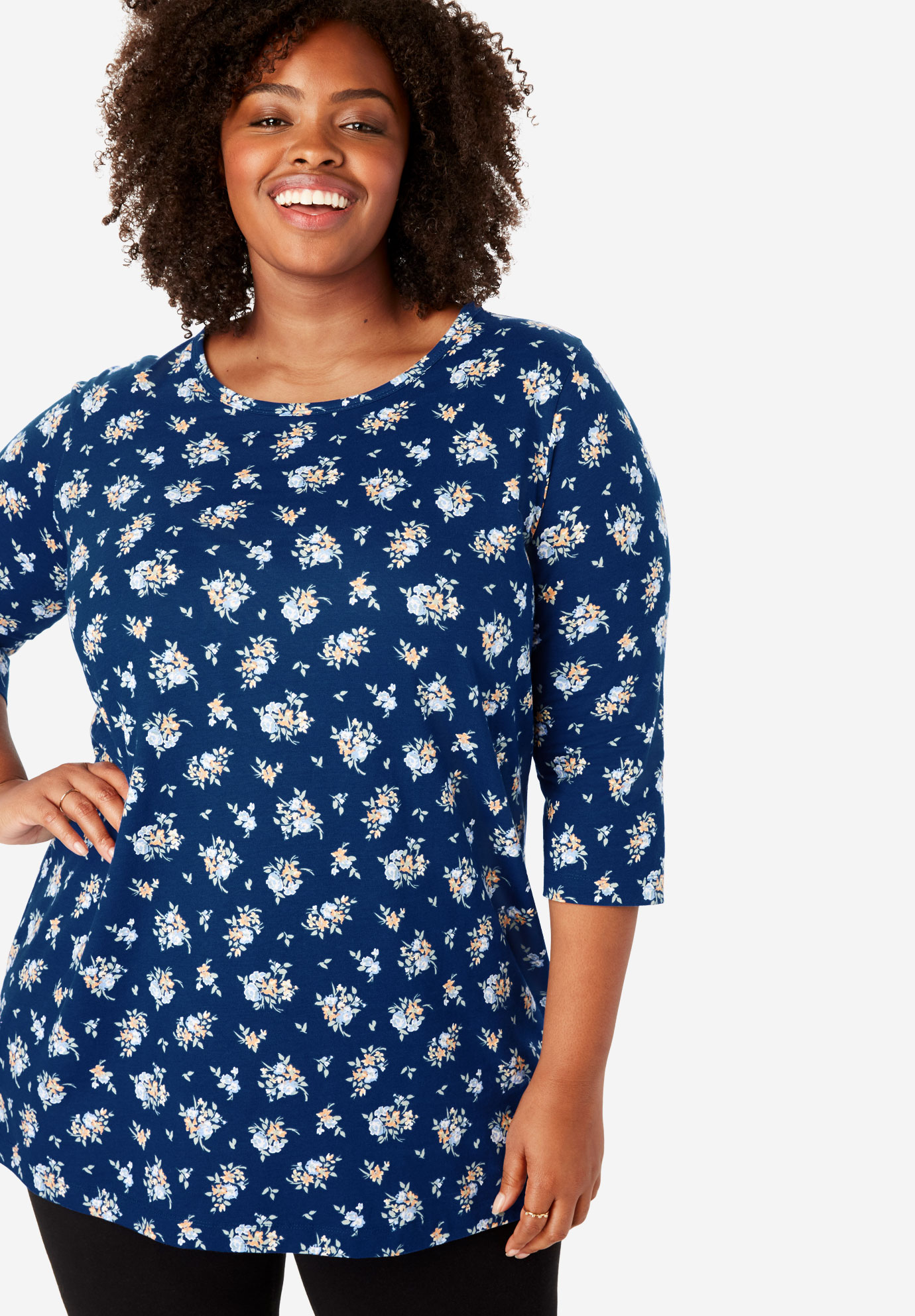 Printed Three-Quarter Sleeve Perfect Tunic | Plus Size T-Shirts | Woman Within
