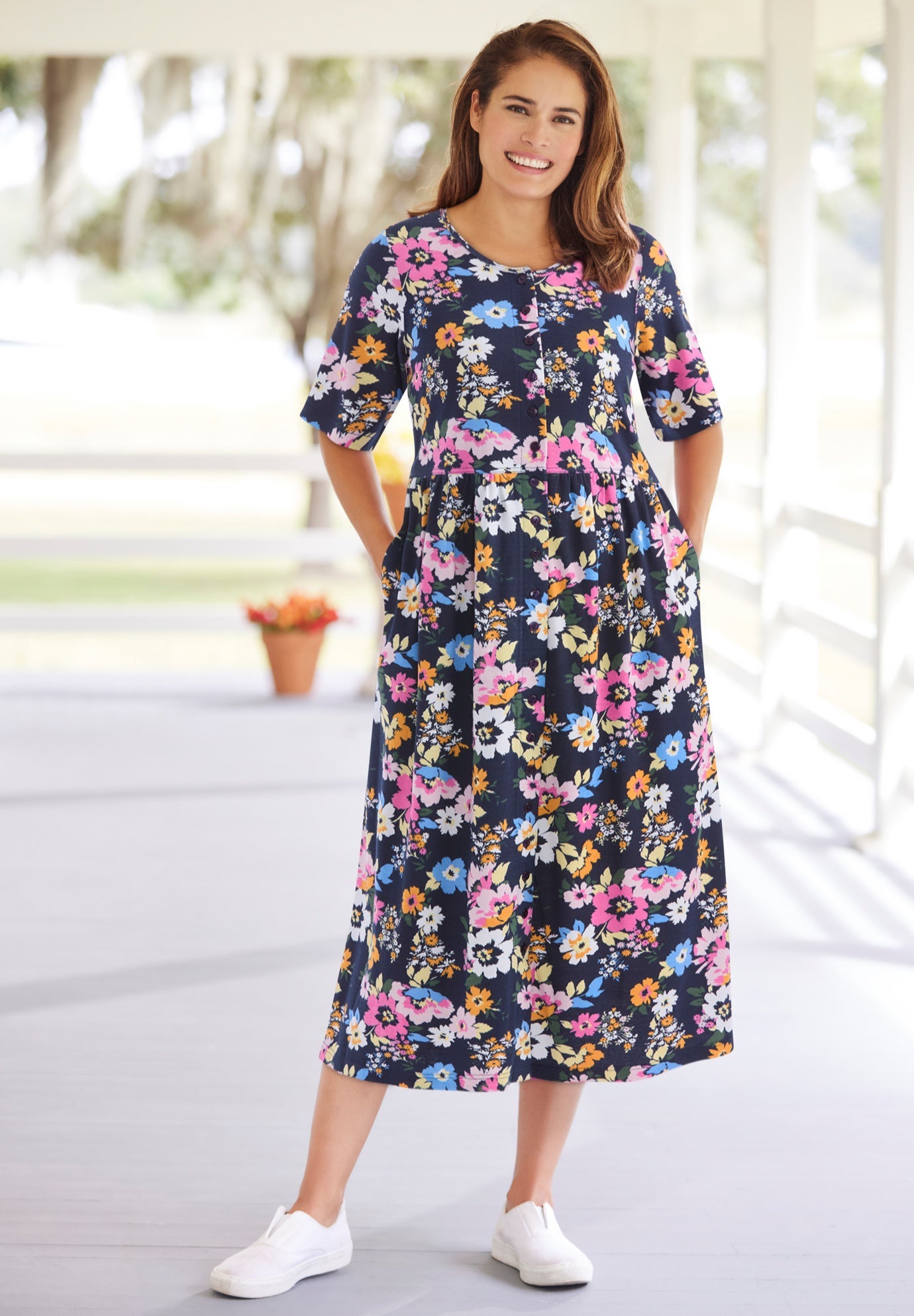 ButtonFront Essential Dress Plus Size Apparel, Navy Multi Garden