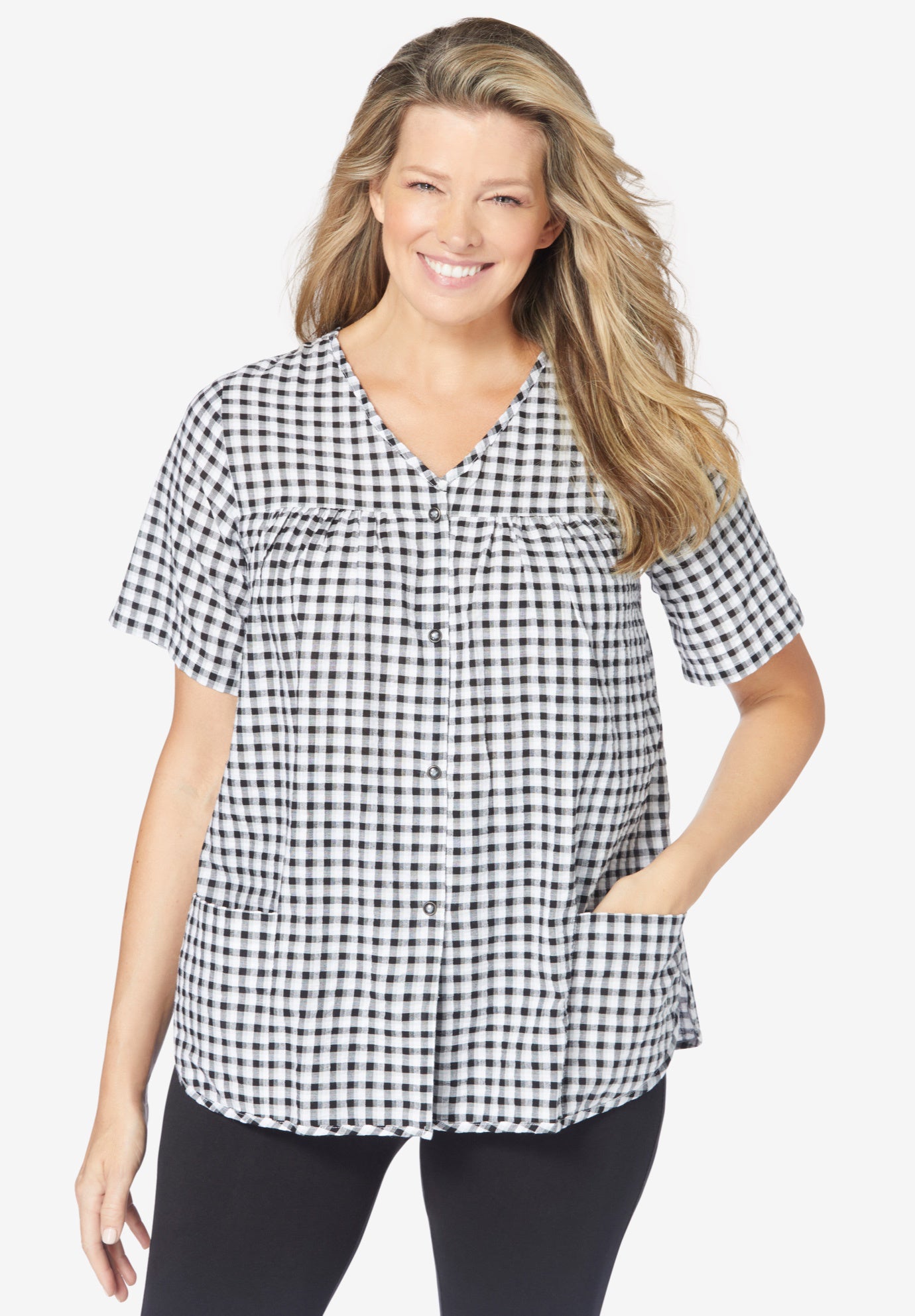 Seersucker Cobbler Apron with Snap Front, Black Gingham Woman Within