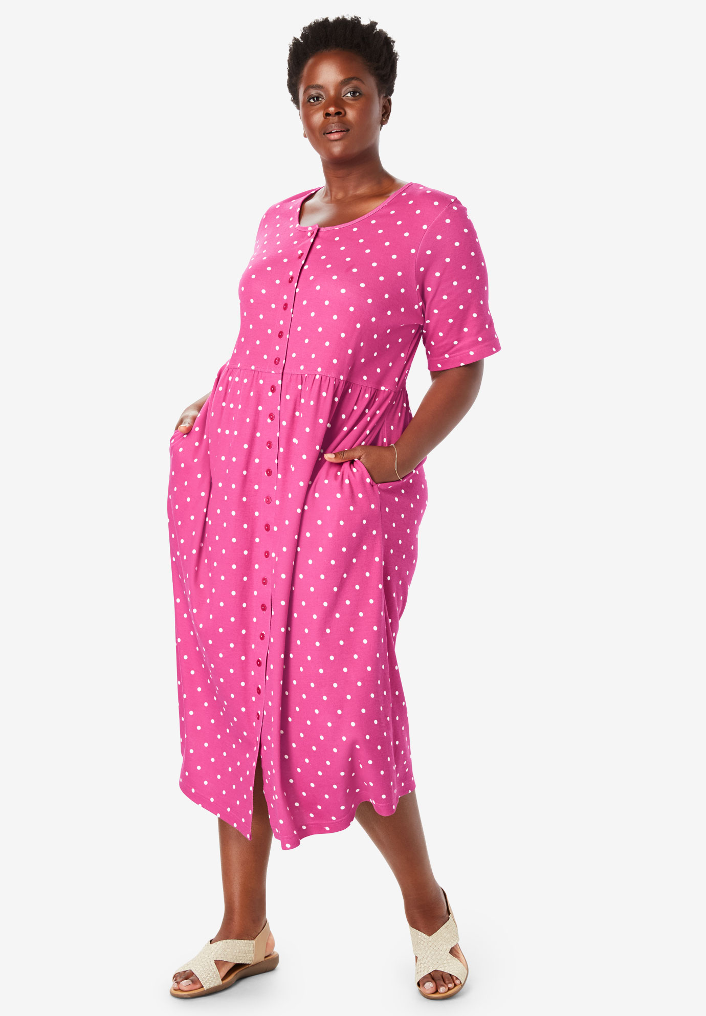 Dot Button-Front Essential Dress | Plus Size Midi Dresses | Woman Within