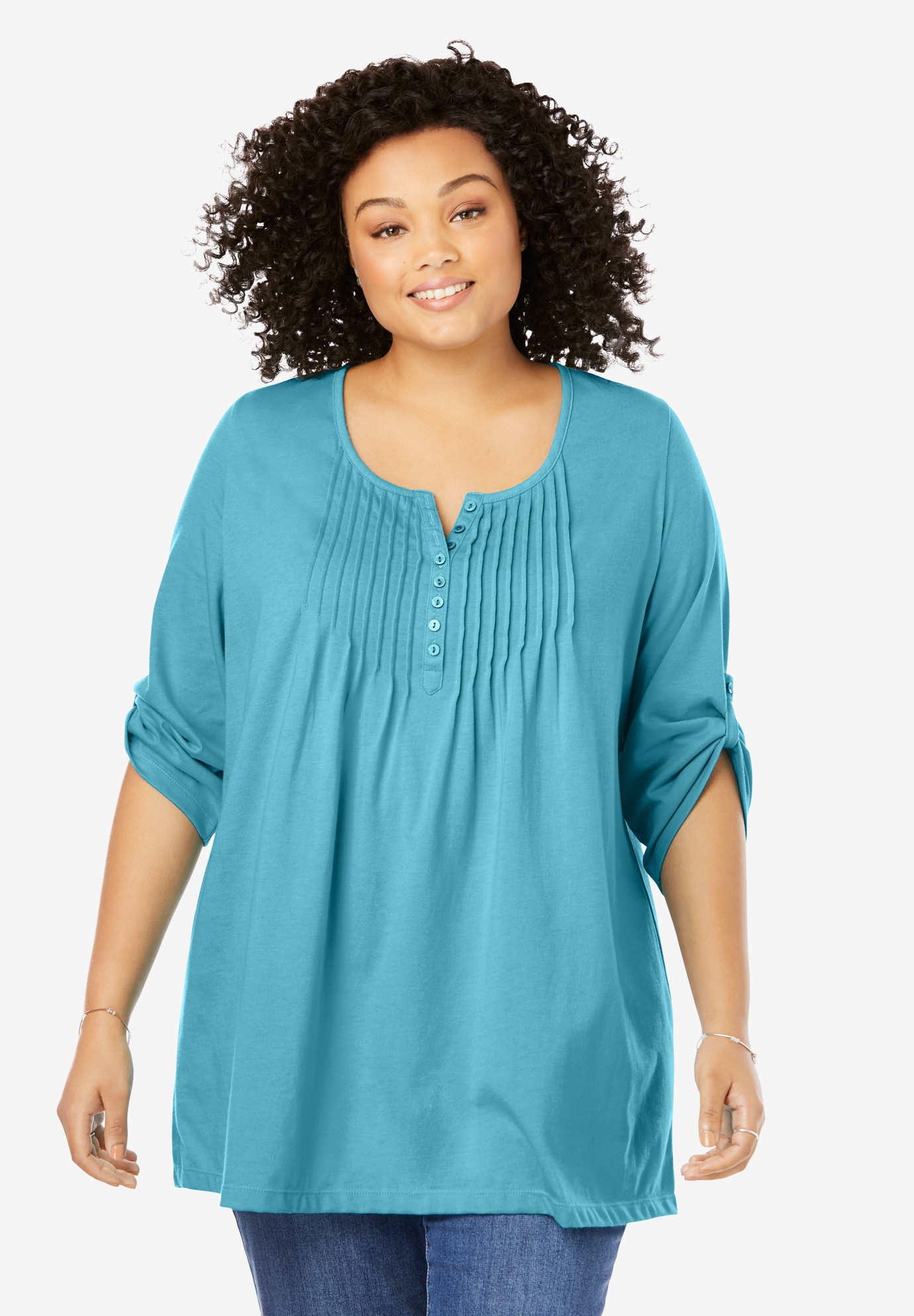 Three-Quarter Sleeve Pintucked Henley Tunic | Woman Within