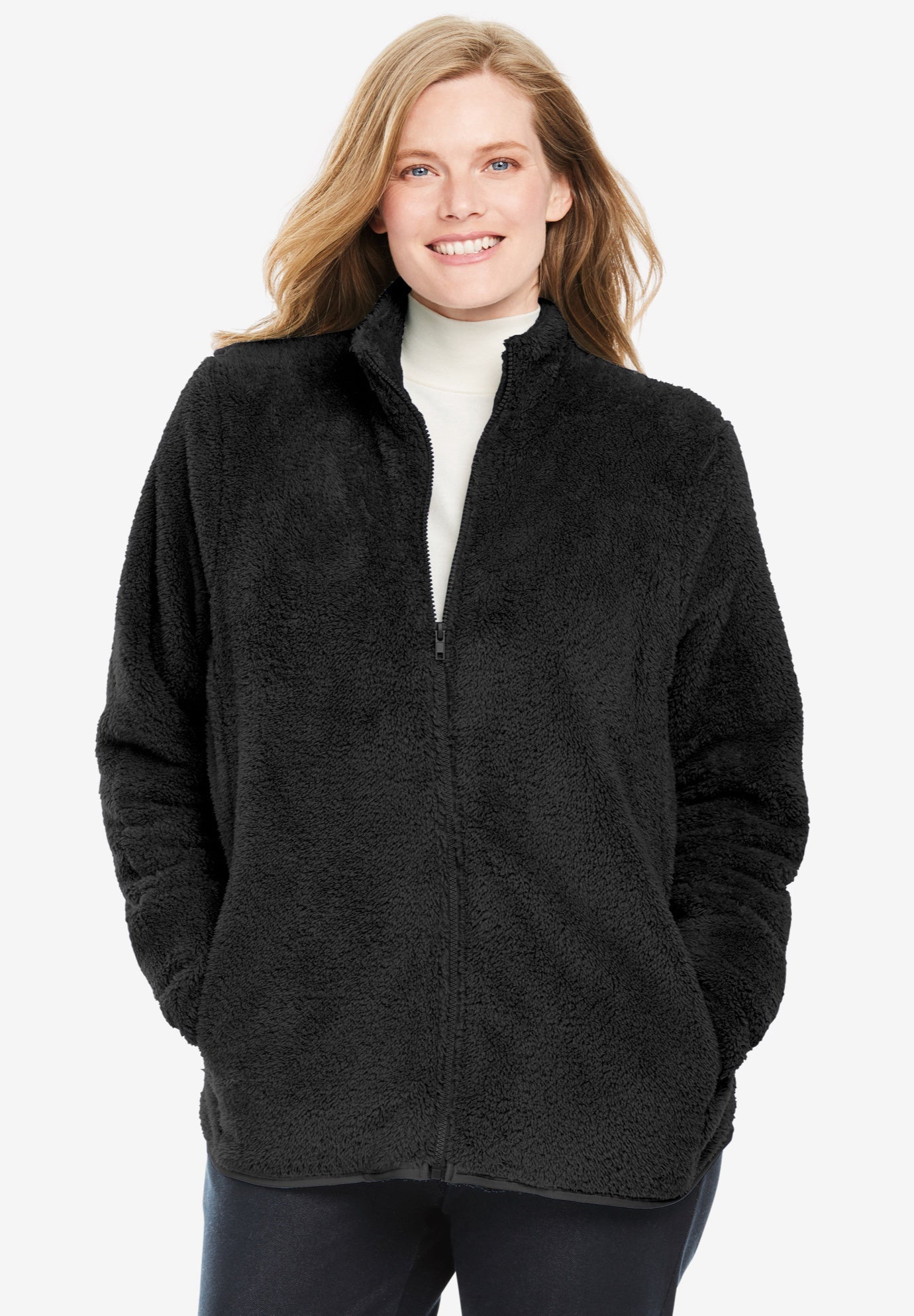 ANDWANG Fluffy Fleece Set 黒 フリース ソックス付 Fluffy Fleece Jacket for Chilly Evenings, Black | Woman Within
