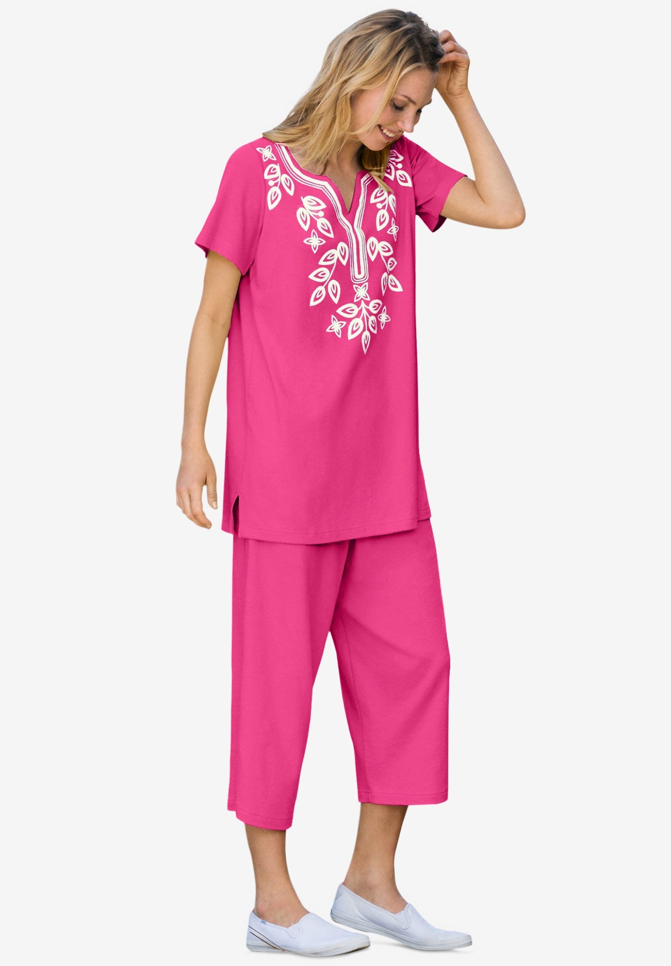 Printed Tunic and Capri Elastic Waist Set, Raspberry Sorbet Woman Within