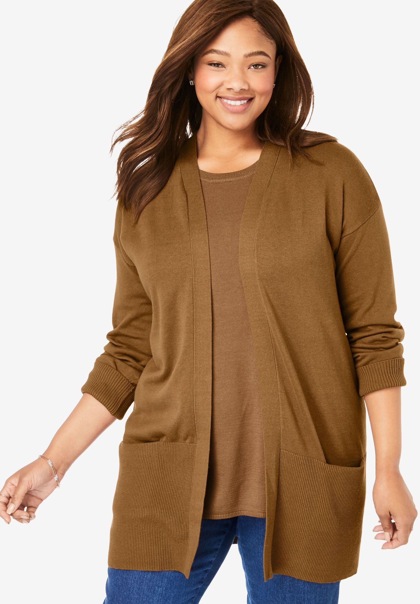 Fine Gauge Open Front Cardigan Plus Size Tops Woman Within