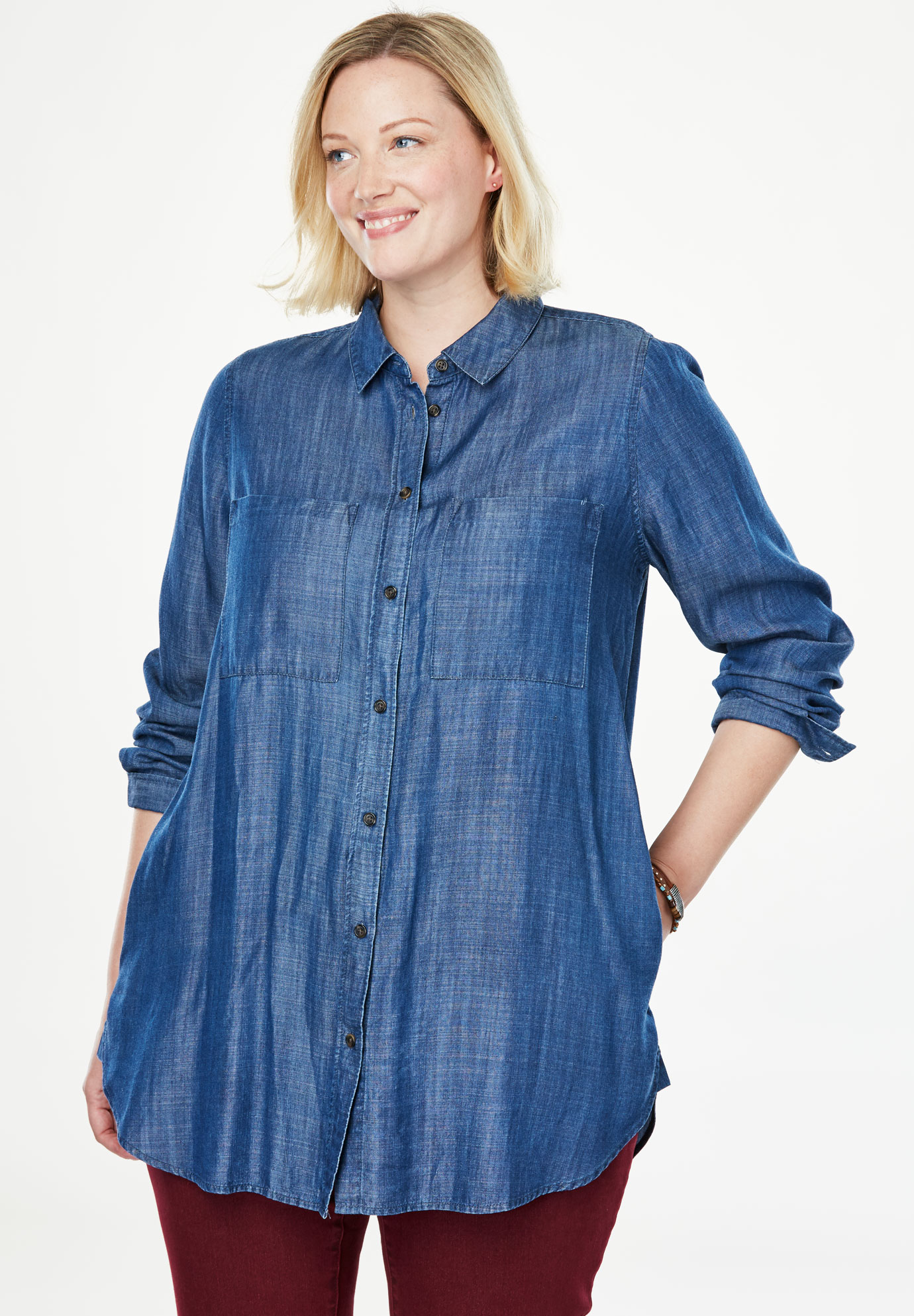 Denim Button-Down Tunic Shirt | Plus Size Tops | Woman Within