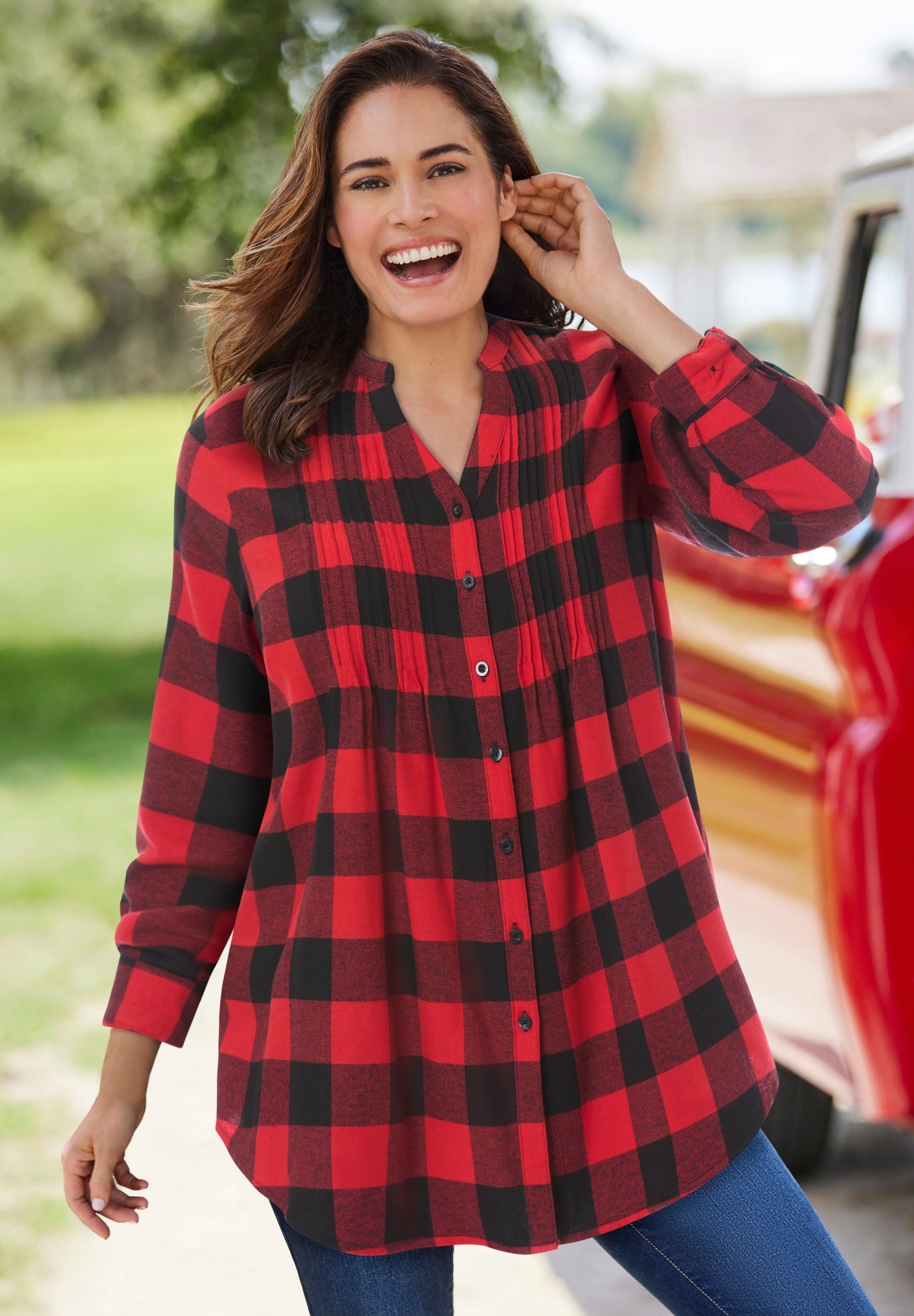 Women's Plus Size Cotton Flannel Pintucked Shirt, Plaid | Woman Within