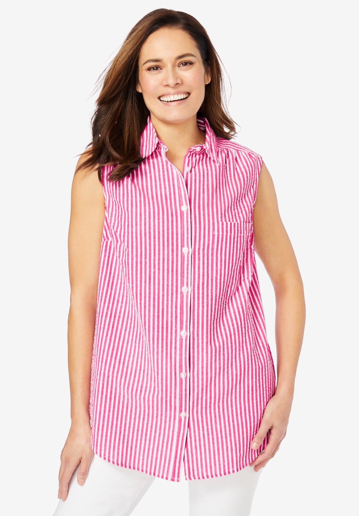 Sleeveless Seersucker Button-Front Shirt, Raspberry Sorbet Pop