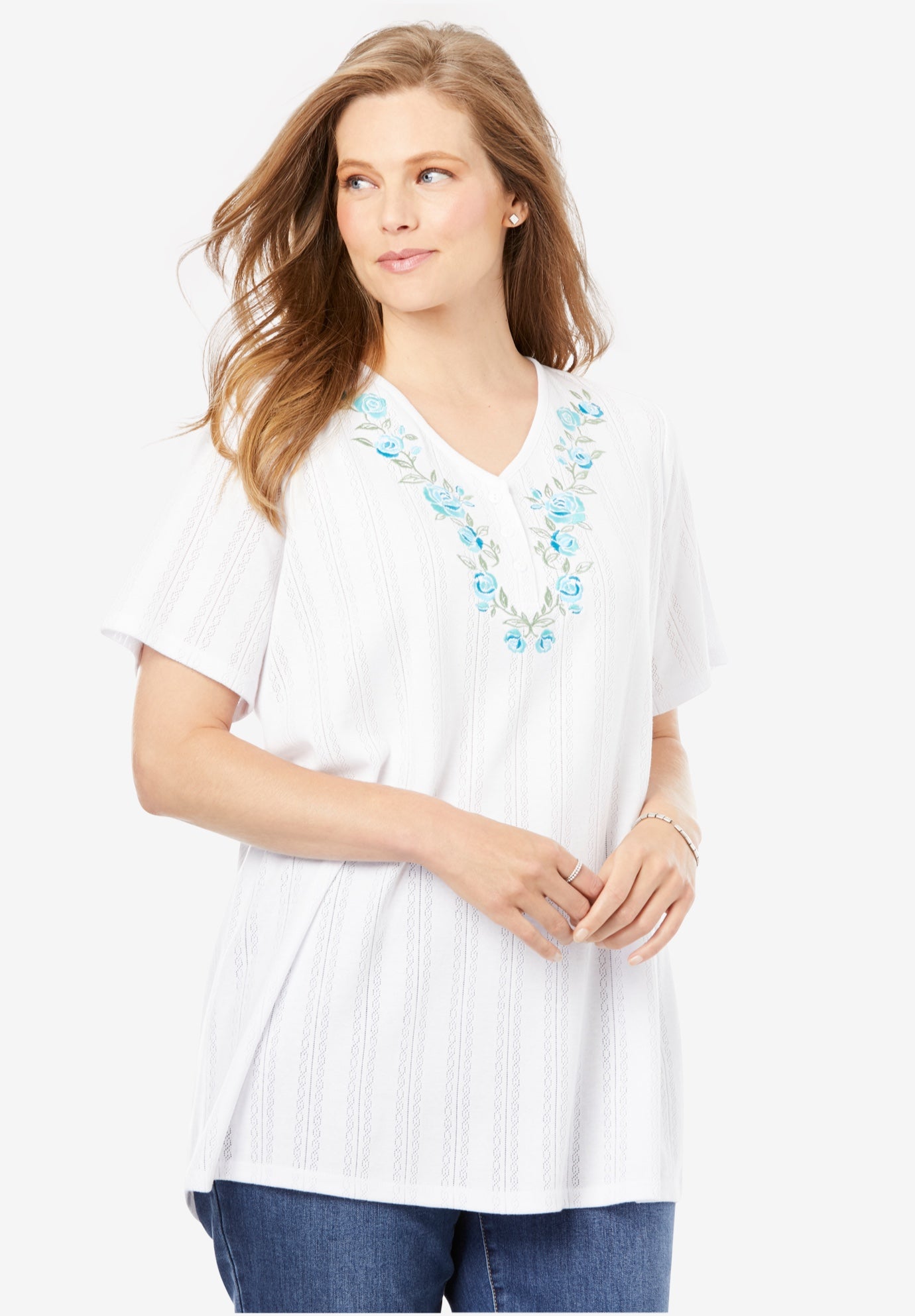 Embroidered Pointelle Henley Tee Woman Within