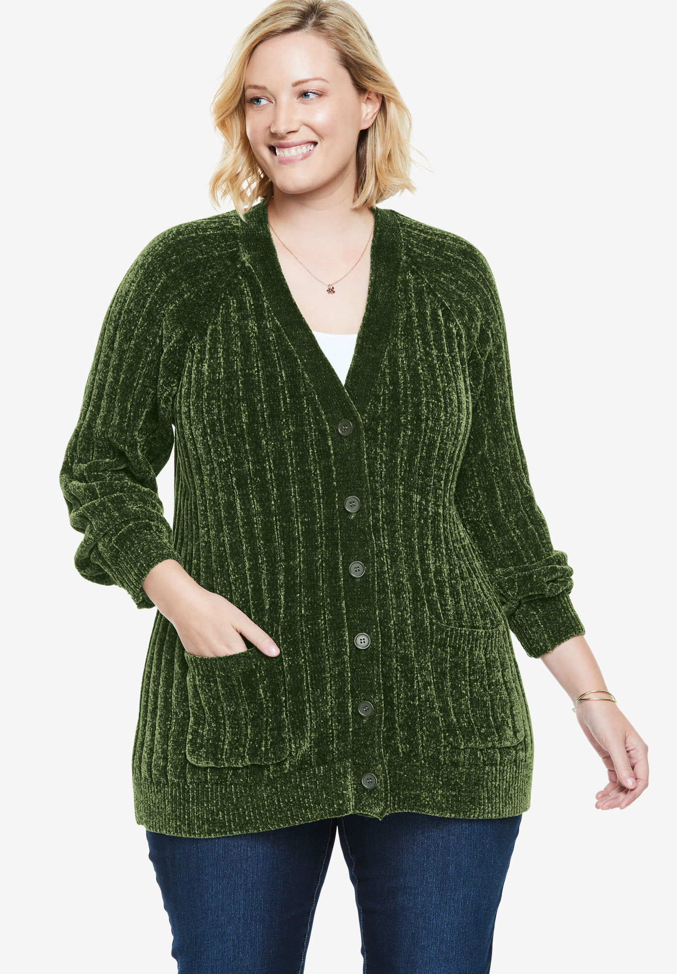 Chenille Button-Front Cardigan| Plus Size Tops | Woman Within