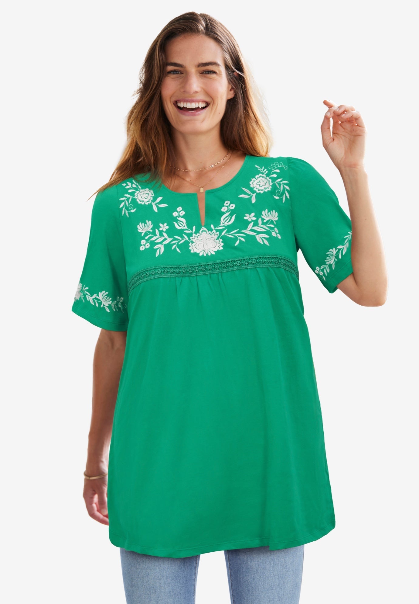 Embroidered Split-Neck Tunic for Women, Tropical Emerald Vine