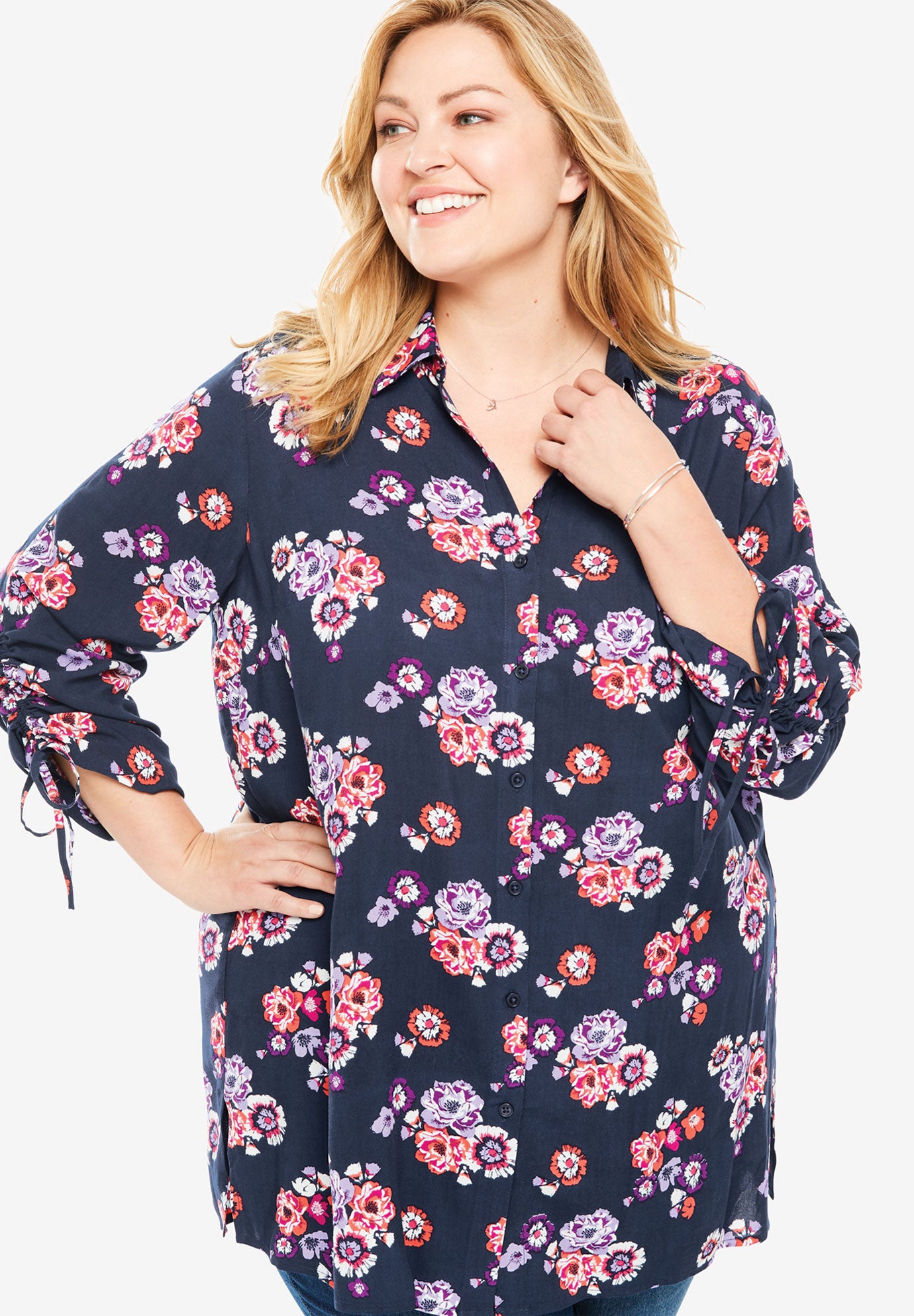 Ruched Sleeve HighLow Button Down Shirt Woman Within