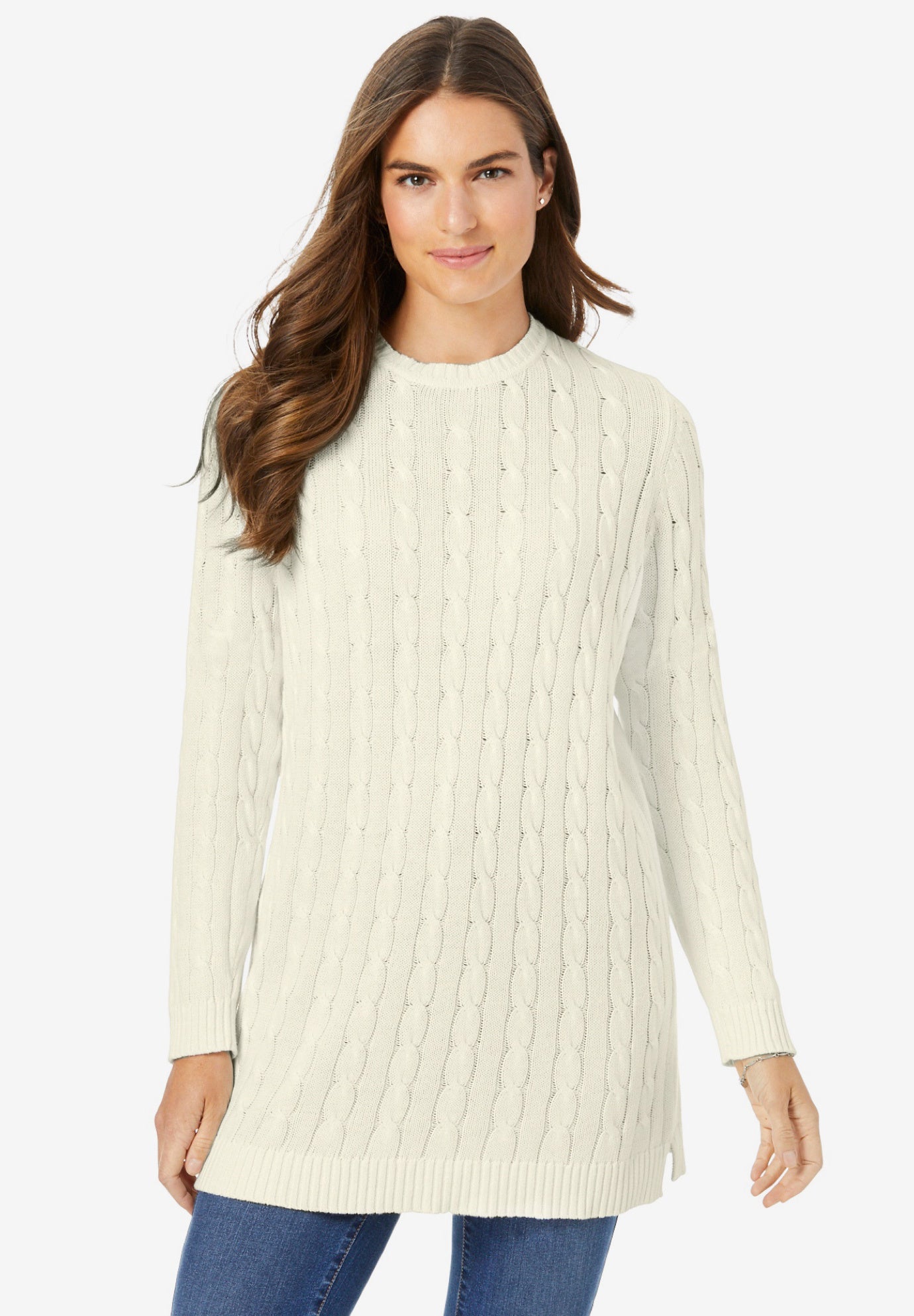 Cable Knit Pullover Crewneck Sweater Woman Within