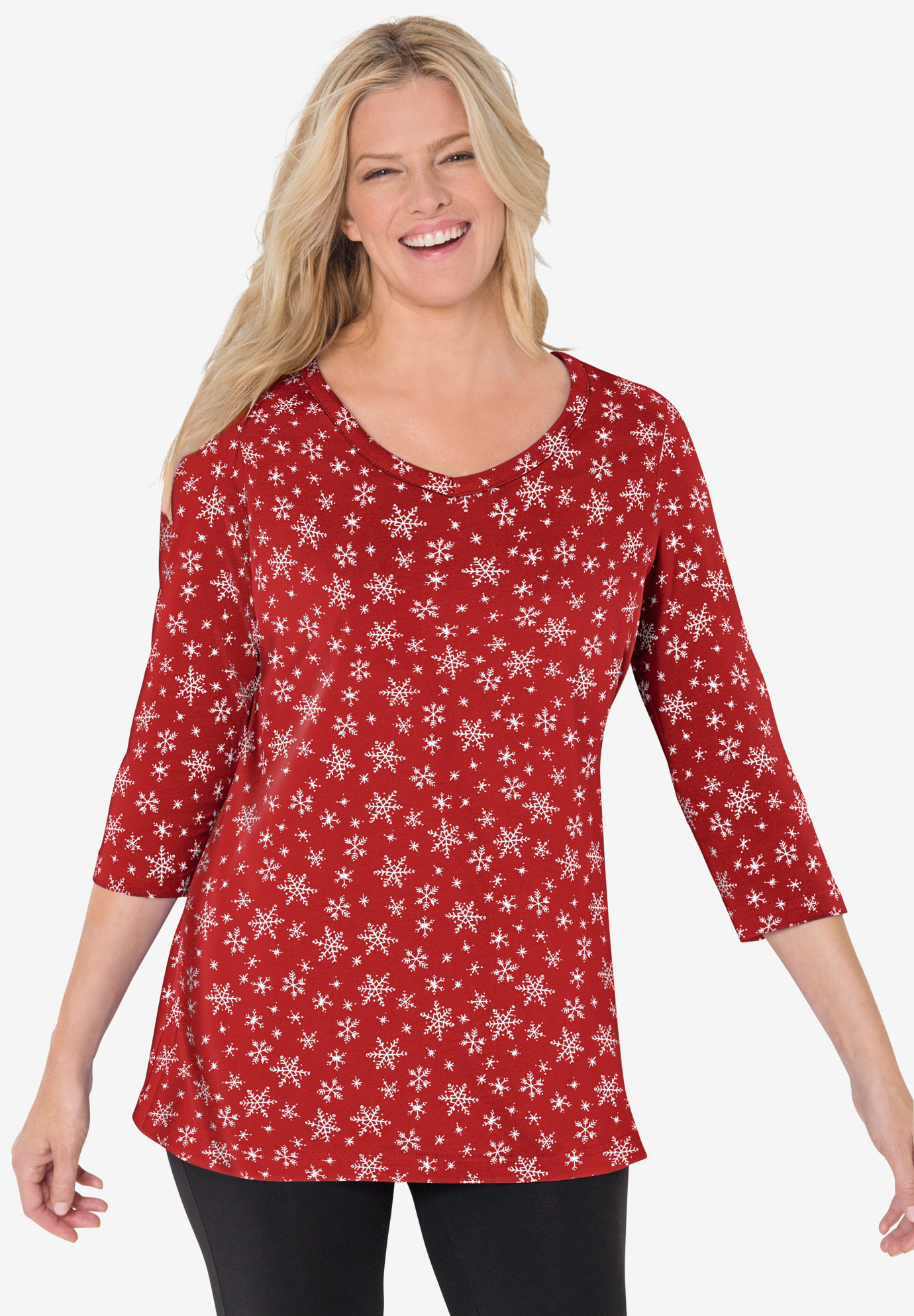 Woman Within Women's Plus Size Perfect Printed Three-Quarter-Sleeve V-Neck Tunic 