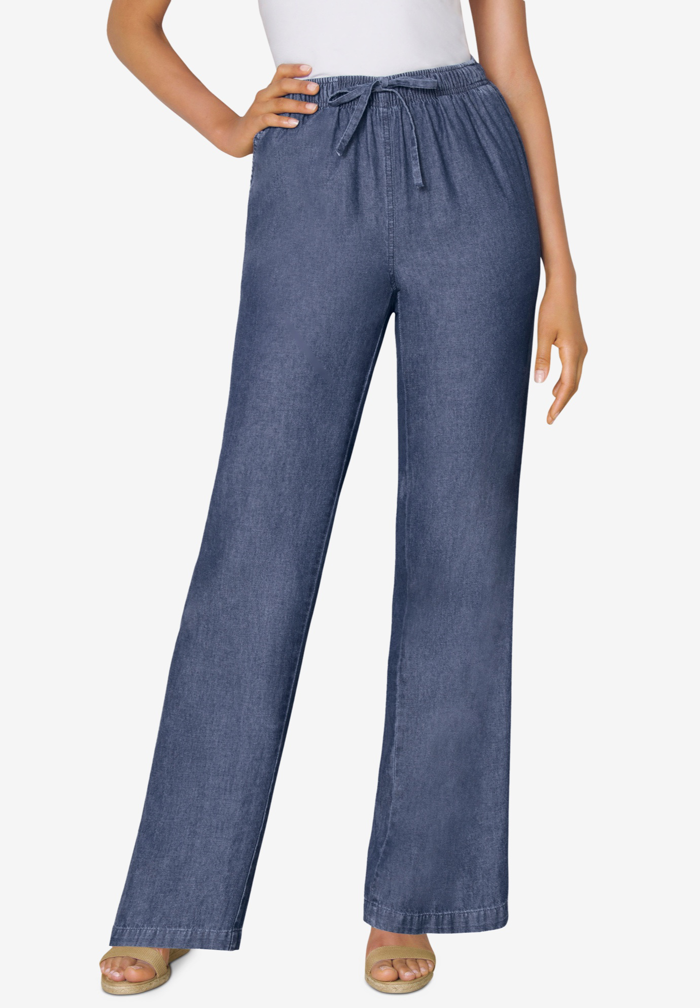 Pull-On Elastic Waist Cotton Chambray Pants | Woman Within