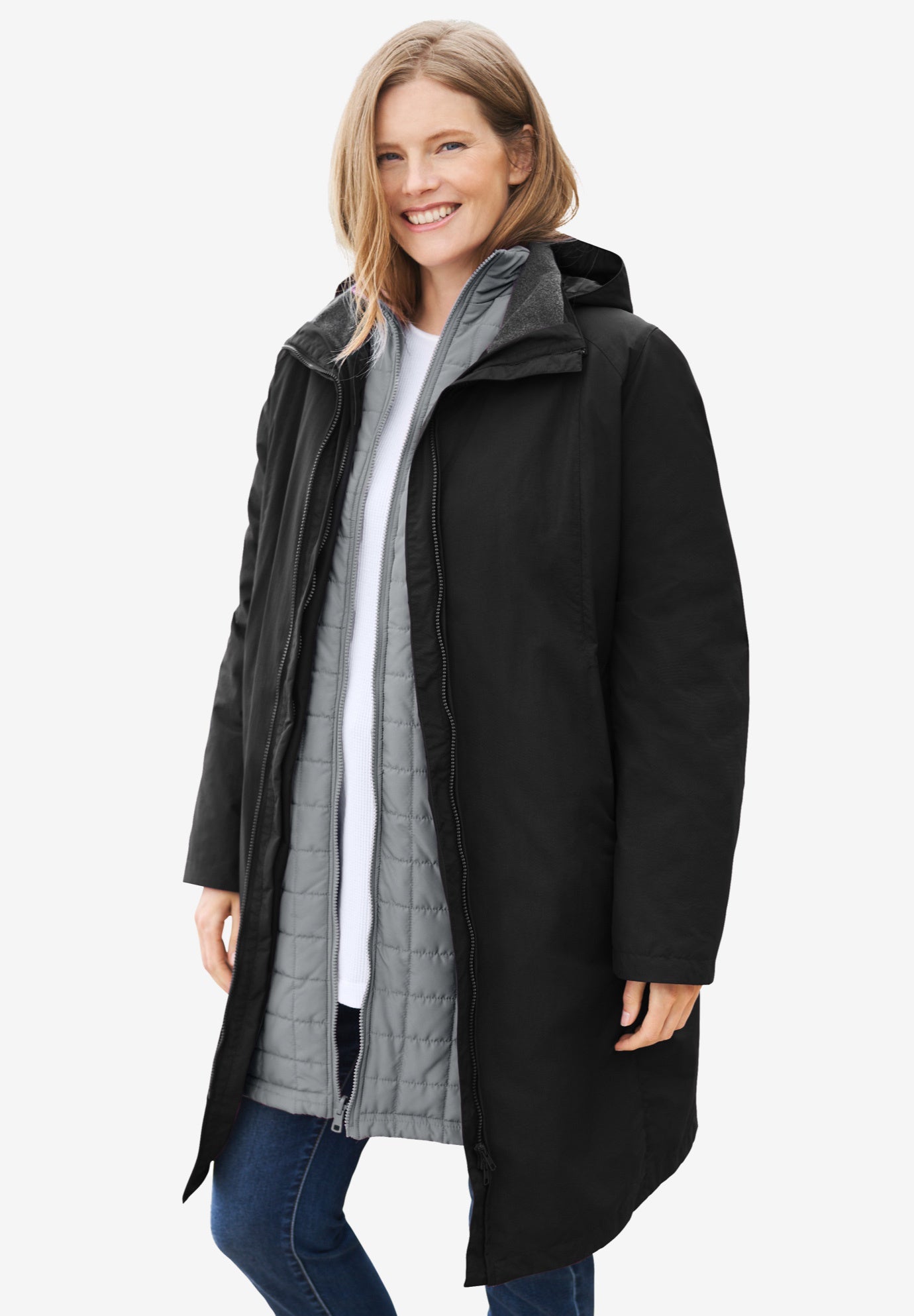 3-in-1 Water-Resistant Hooded Jacket, Black Gunmetal | Woman Within