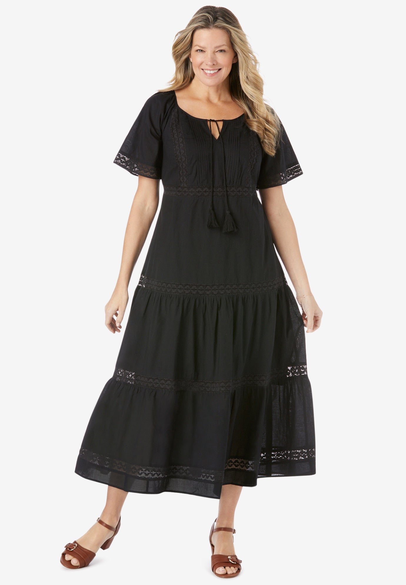 Crochet Trim TasselTie Dress Plus Size Maxi Dresses Woman Within