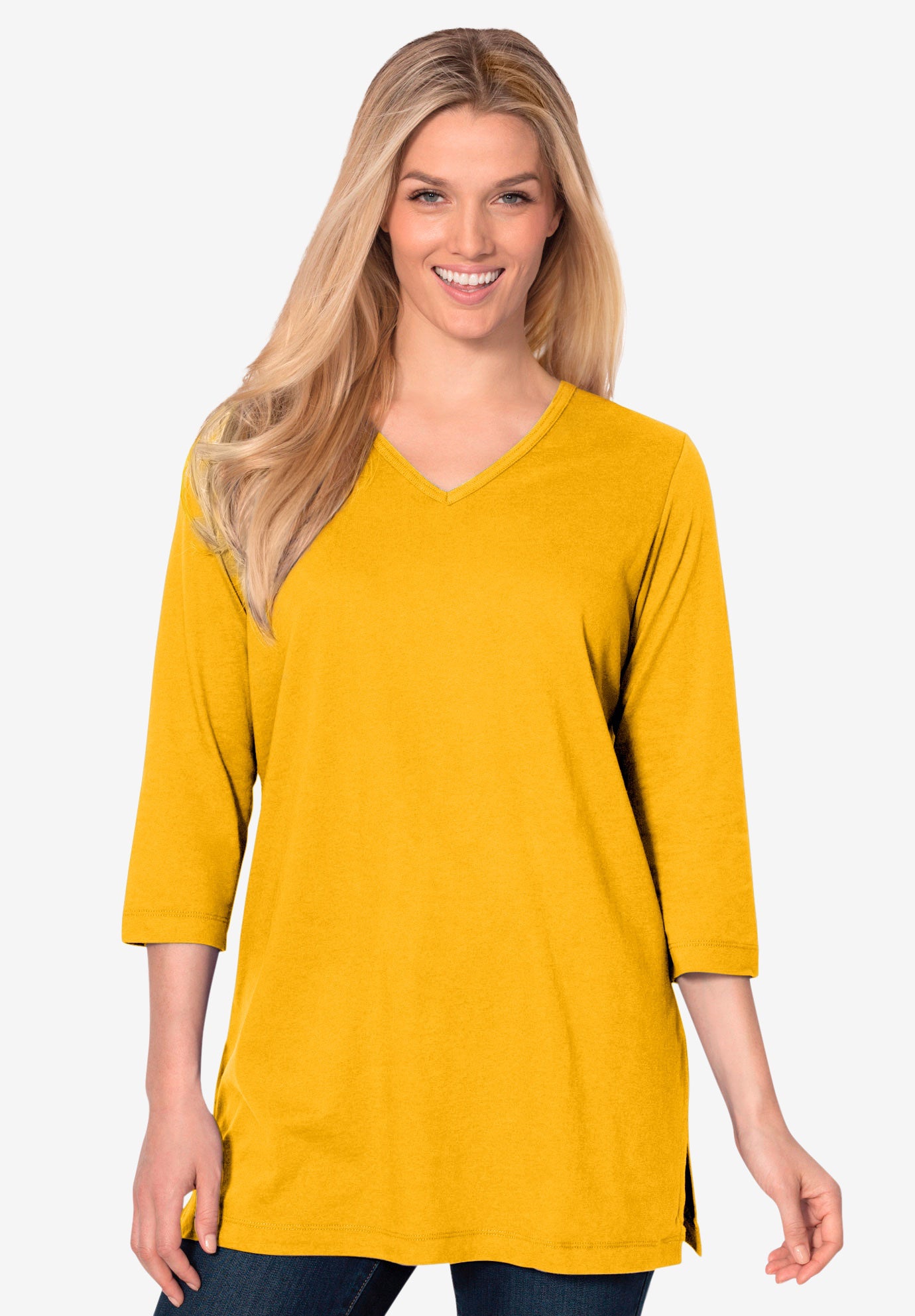 Perfect VNeck ThreeQuarter Sleeve Tunic Plus Size Tunics Woman Within