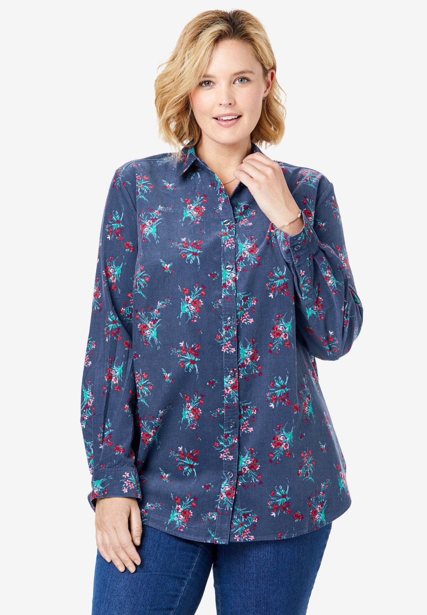 Button Front Corduroy Shirt Plus SizeTops Woman Within