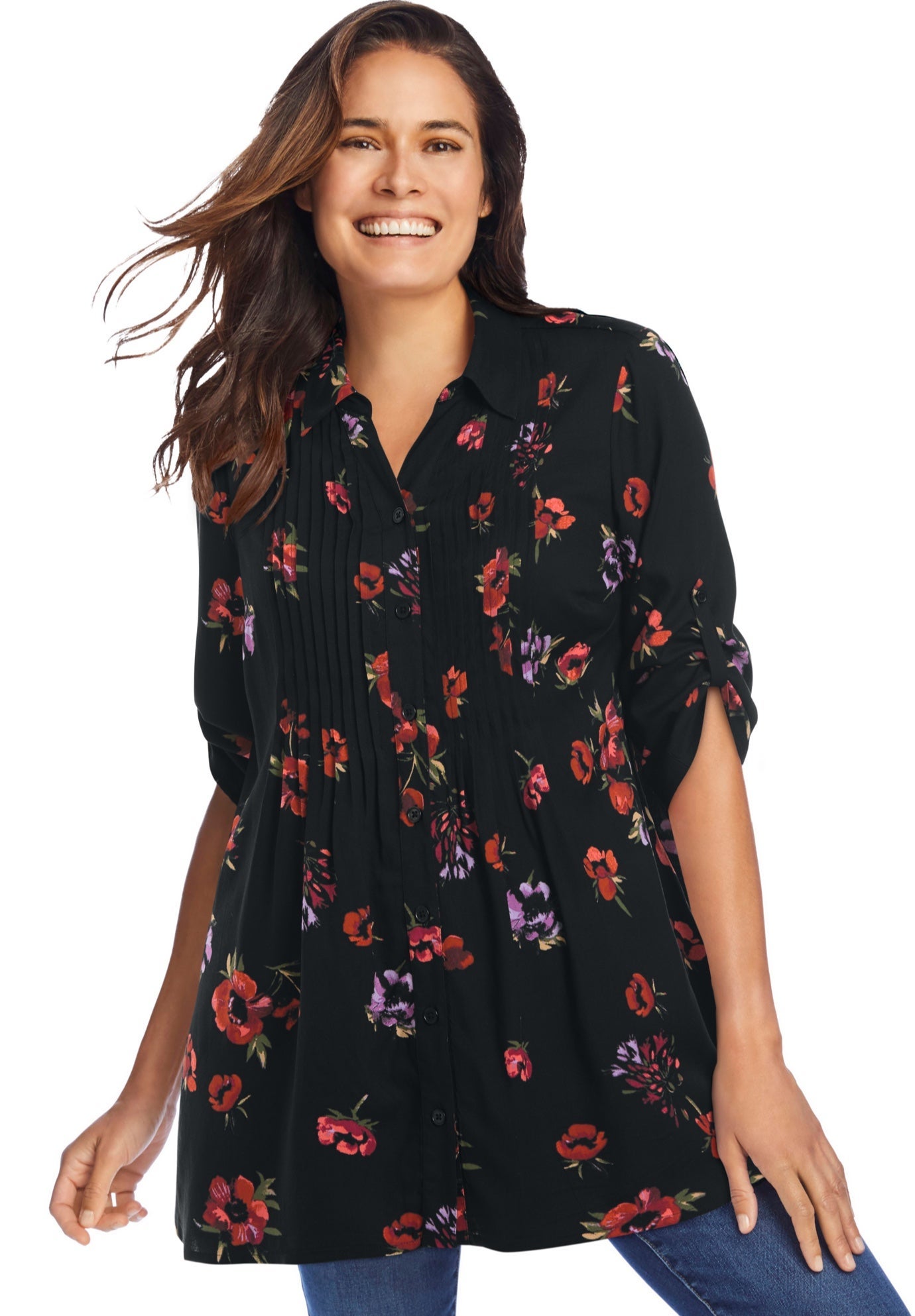 Pintucked Tunic Blouse - Easy-Care Rayon, Black Magnolia | Woman