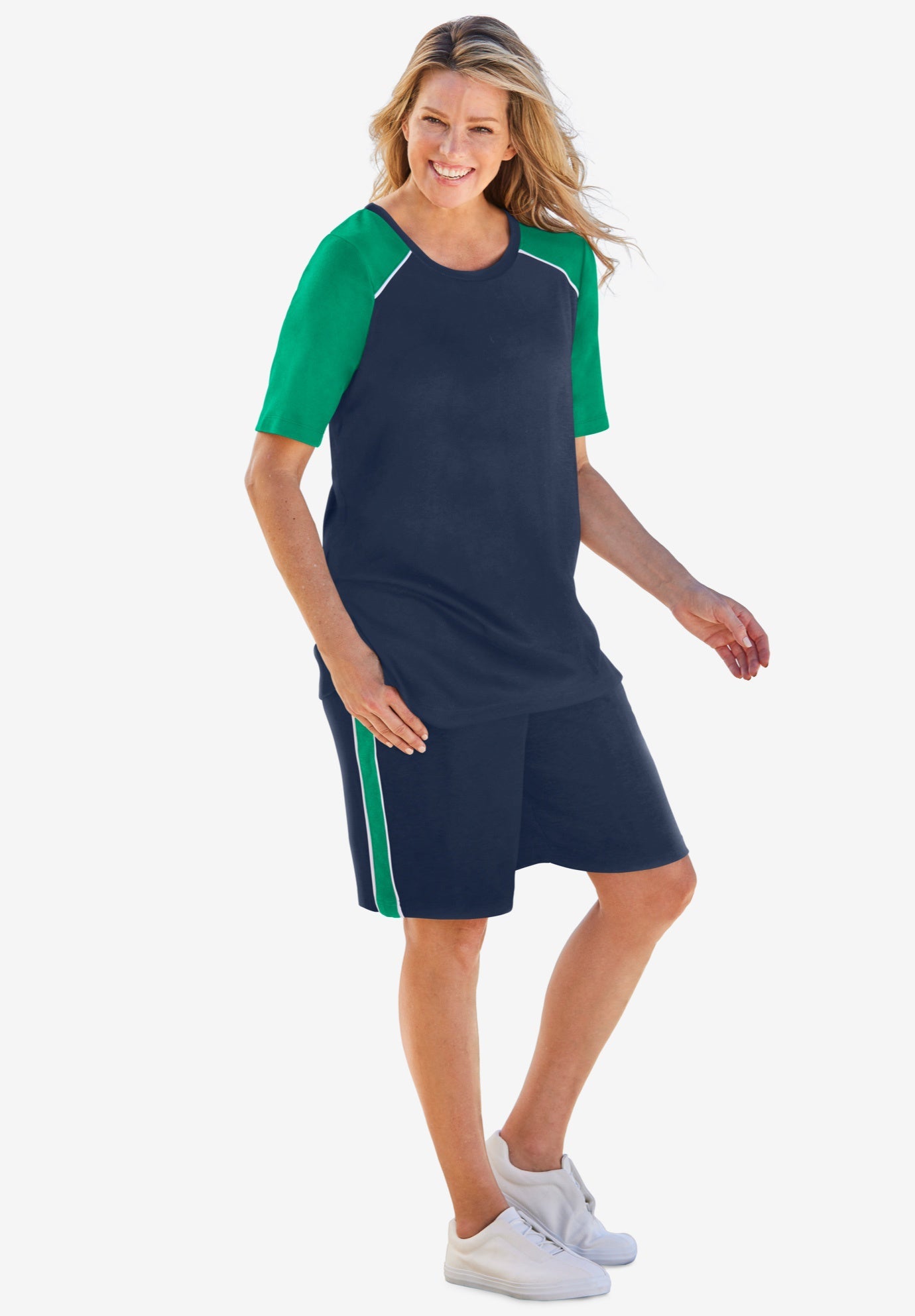 2Piece ShortSleeve Plus Size Set, Navy Tropical Emerald Woman Within