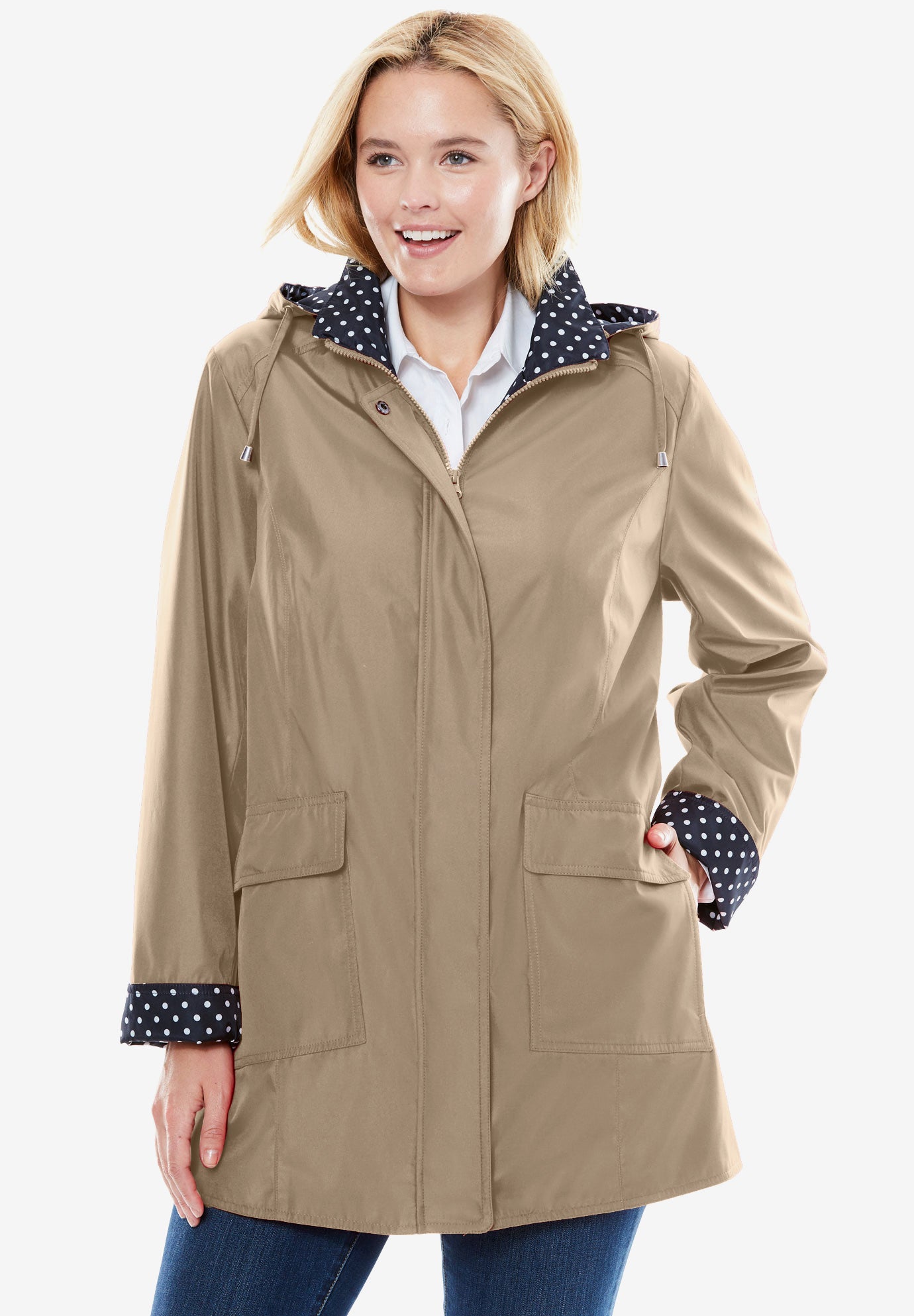 Raincoat in new short length with fun dot trim Woman Within