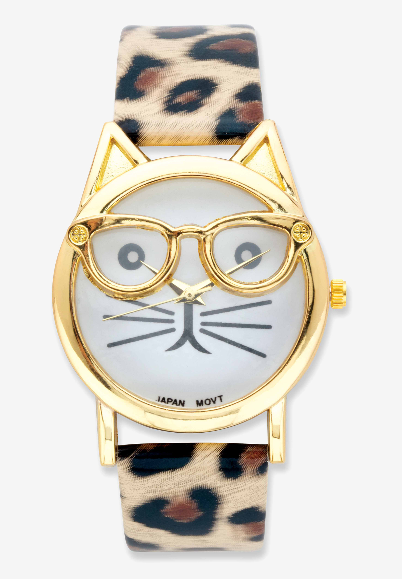 Gold Tone Leopard Print Cat Watch, 7.5 inches plus Extender, GOLD