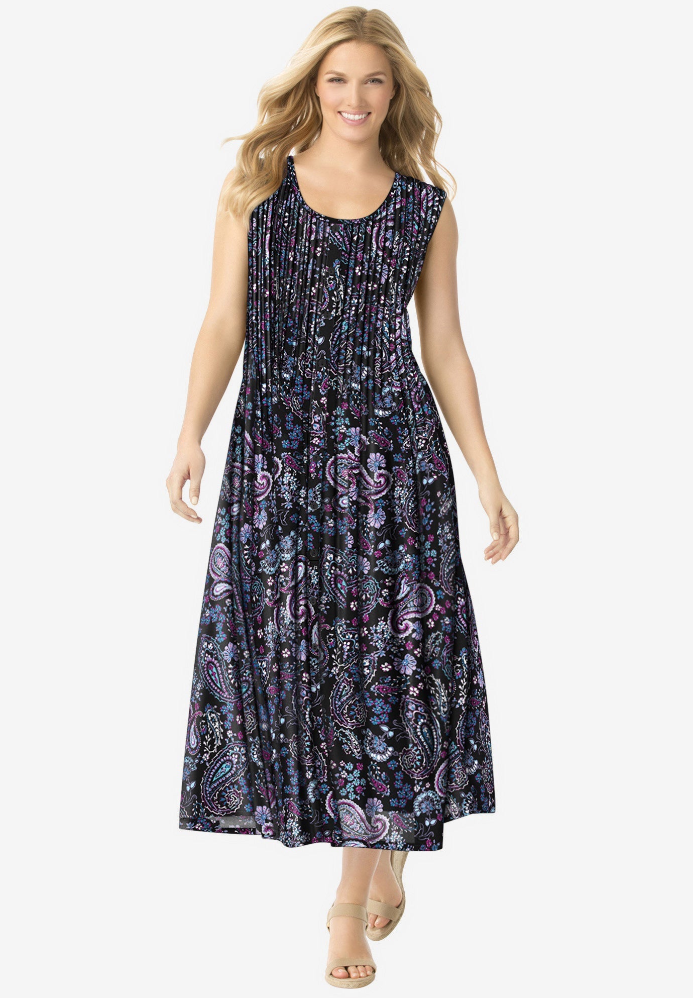 Pintucked Sleeveless Dress with Floral Prints, Black Paisley