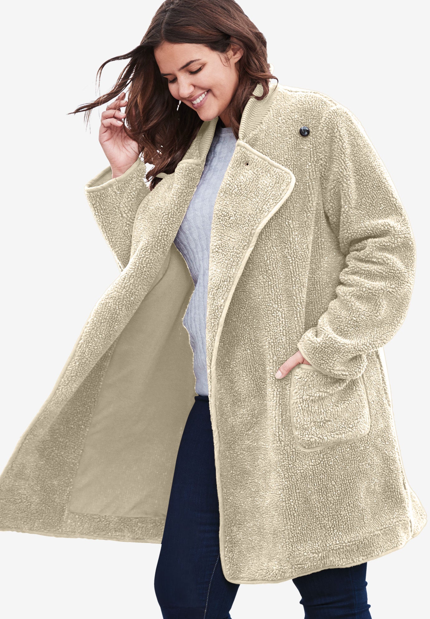 Rib Knit Collar Berber Jacket Plus Size Outerwear Woman Within