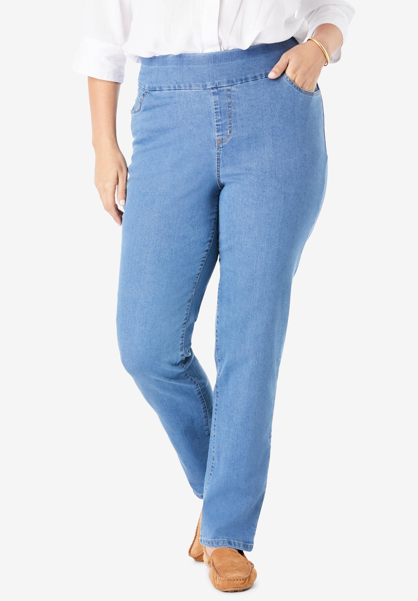 high rise pull on jeans