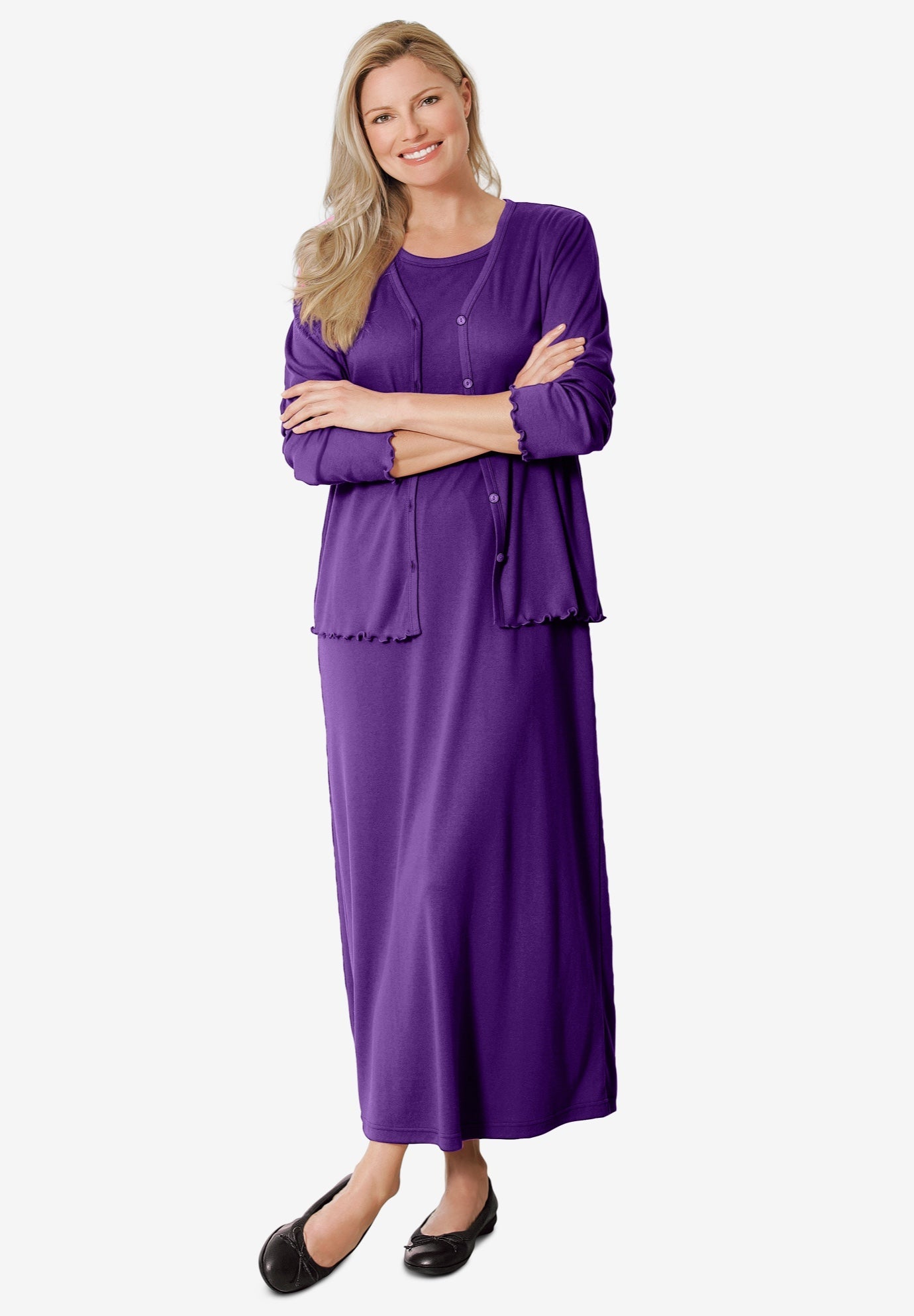 Elegant Lettuce Trim Knit Jacket Dress, Radiant Purple Woman Within