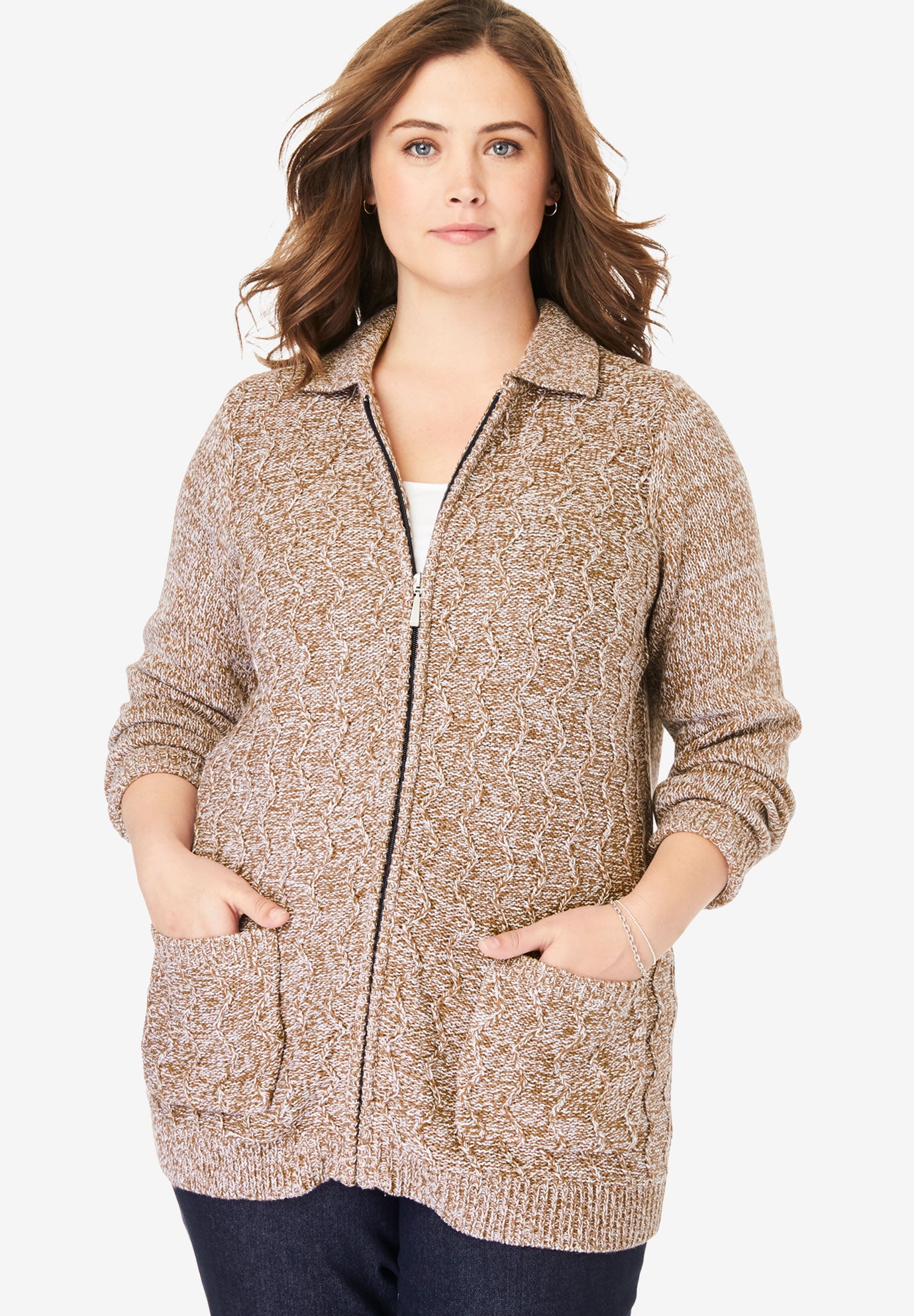 Marled ZipFront Cable Knit Cardigan Woman Within