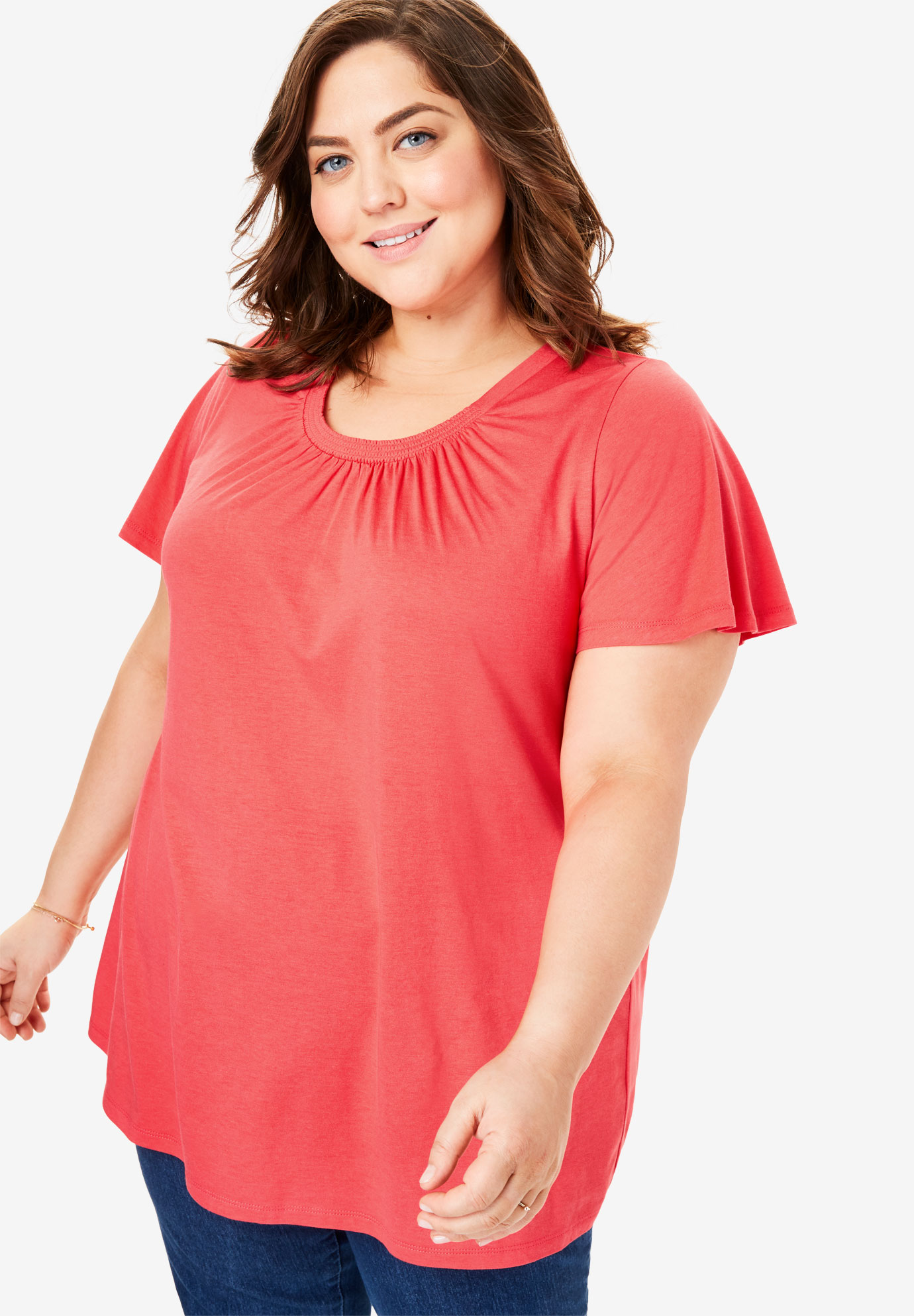 Smocked-Neck Flutter Sleeve Tee | Woman Within