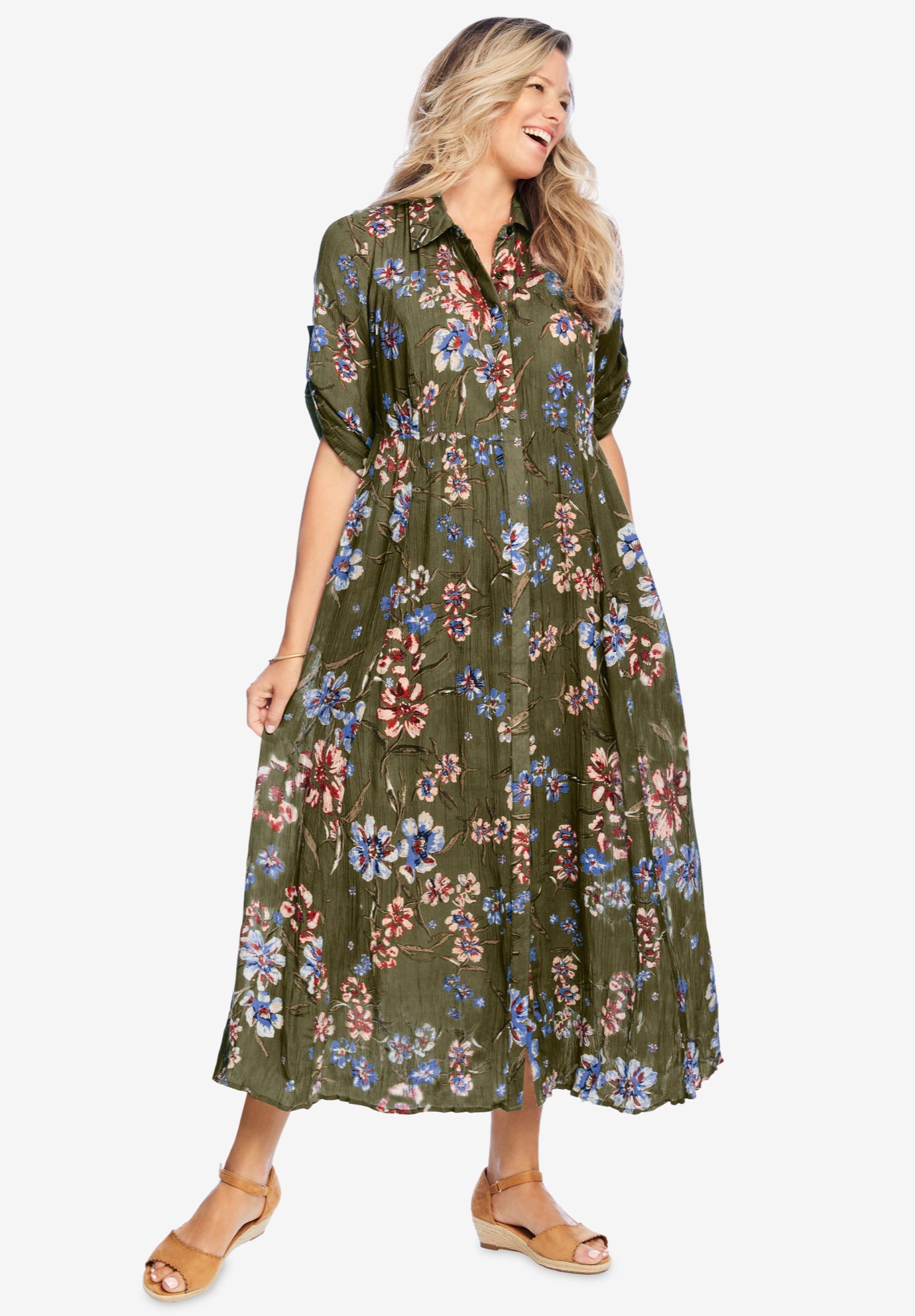 Rooibos Tea Long Roll Tab Sleeve Shirtdress - Plus