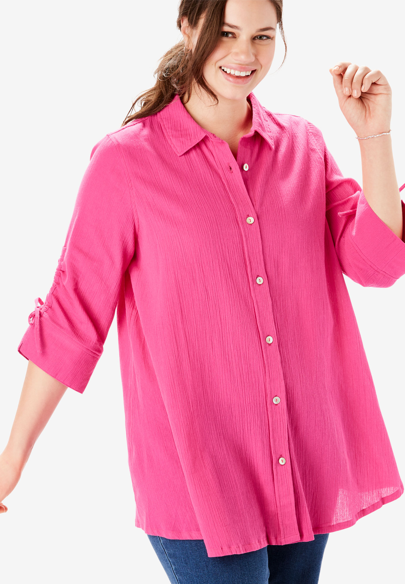 Ruched-Sleeve Button Down Tunic| Plus Size Tops | Woman Within
