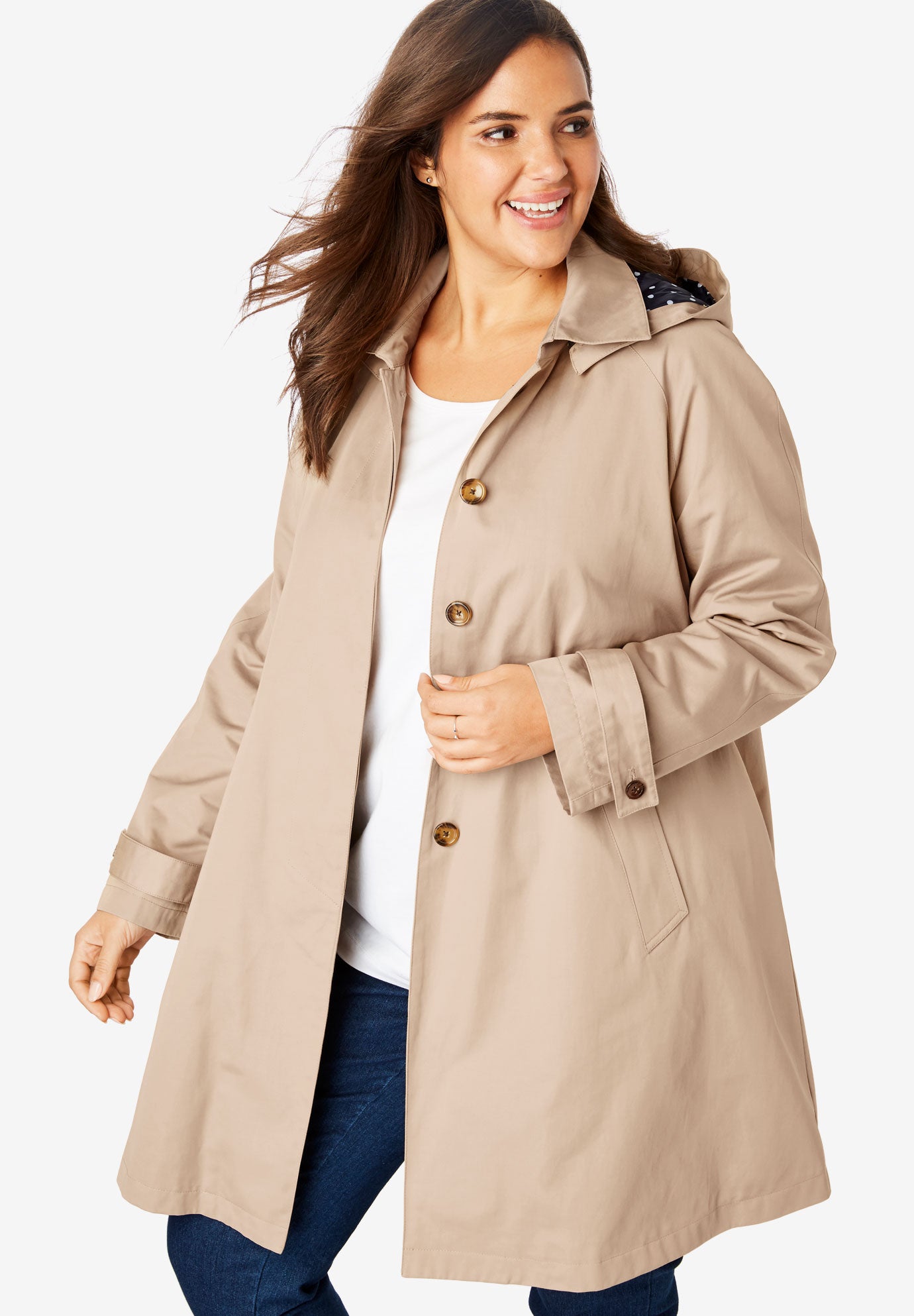 Classic raincoat with detachable hood Plus Size Raincoats & Trenches Woman Within