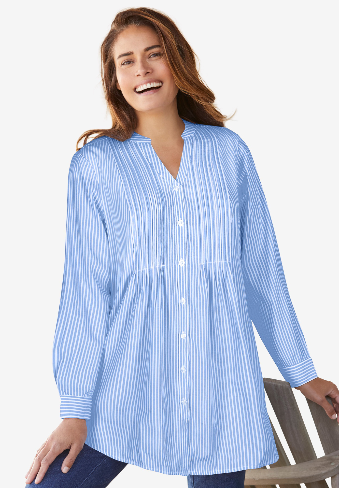 Woman Within Women's Plus Size Pintucked Half-Button Tunic