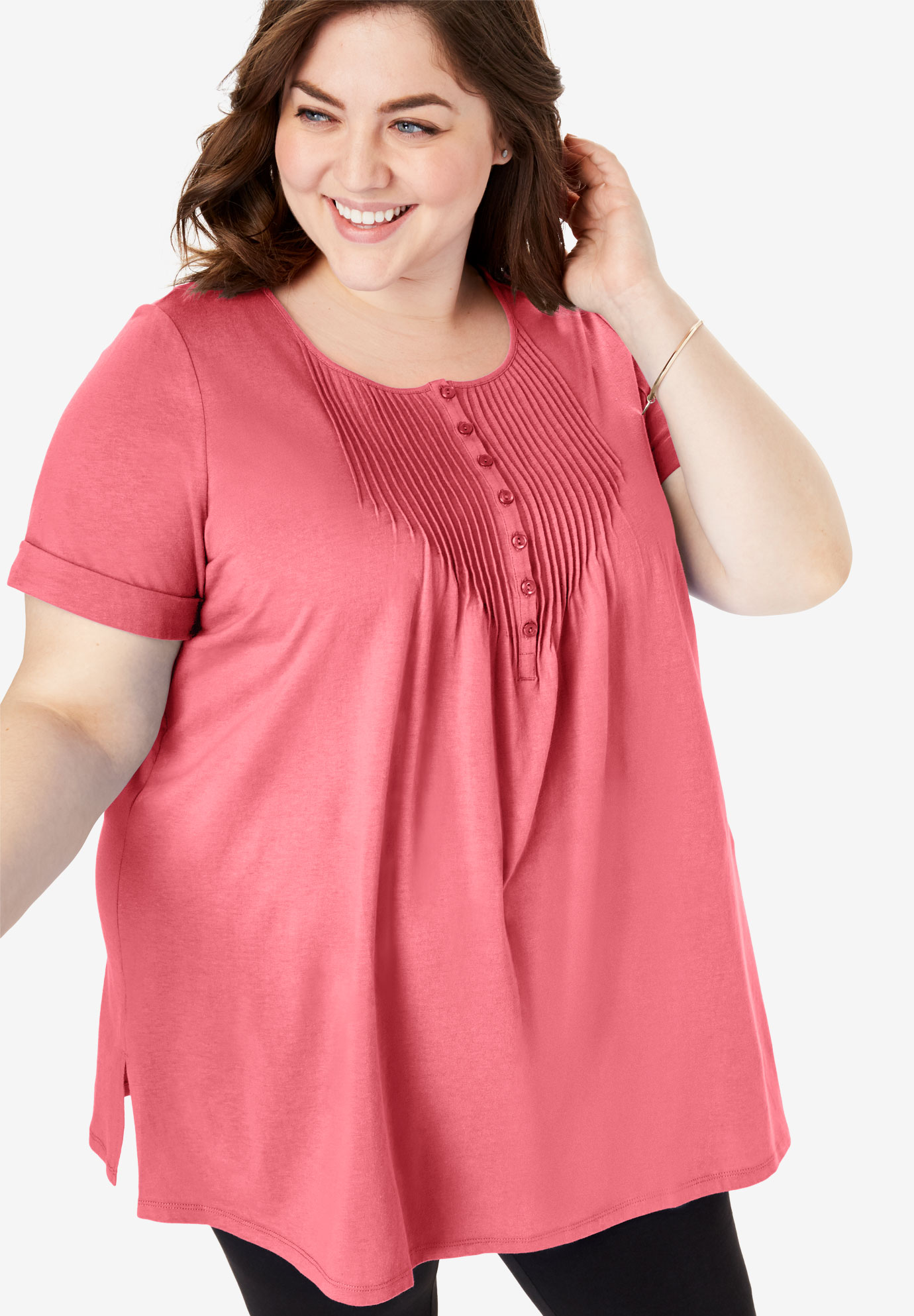Pintucked Henley Tunic| Plus Size Tops | Woman Within