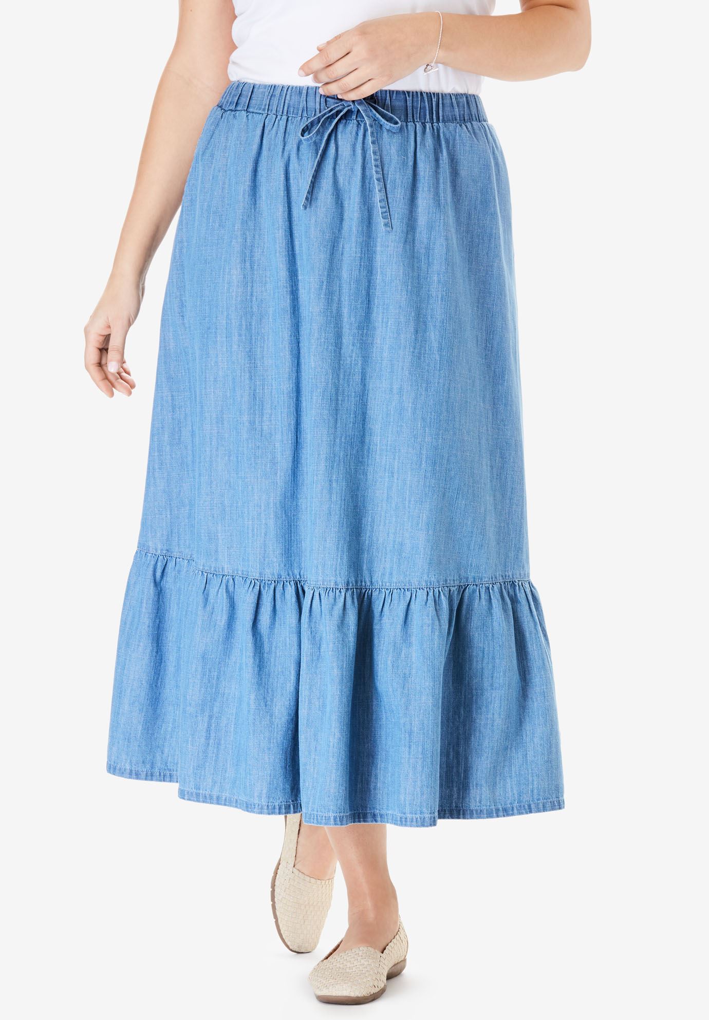 Drawstring Chambray Skirt Plus Size Petite Woman Within