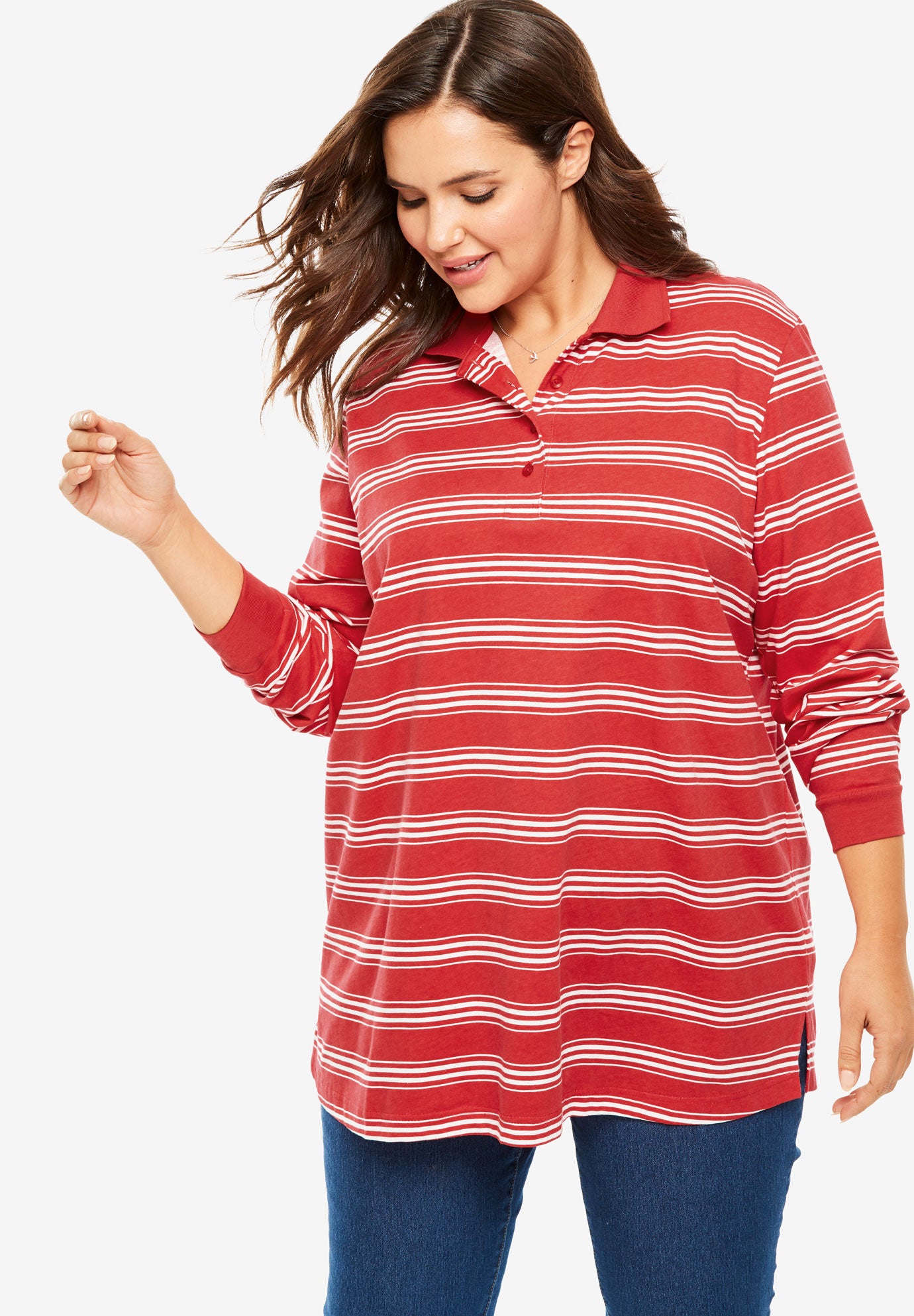 LongSleeve Tunic Polo Shirt Plus Size Tops Woman Within