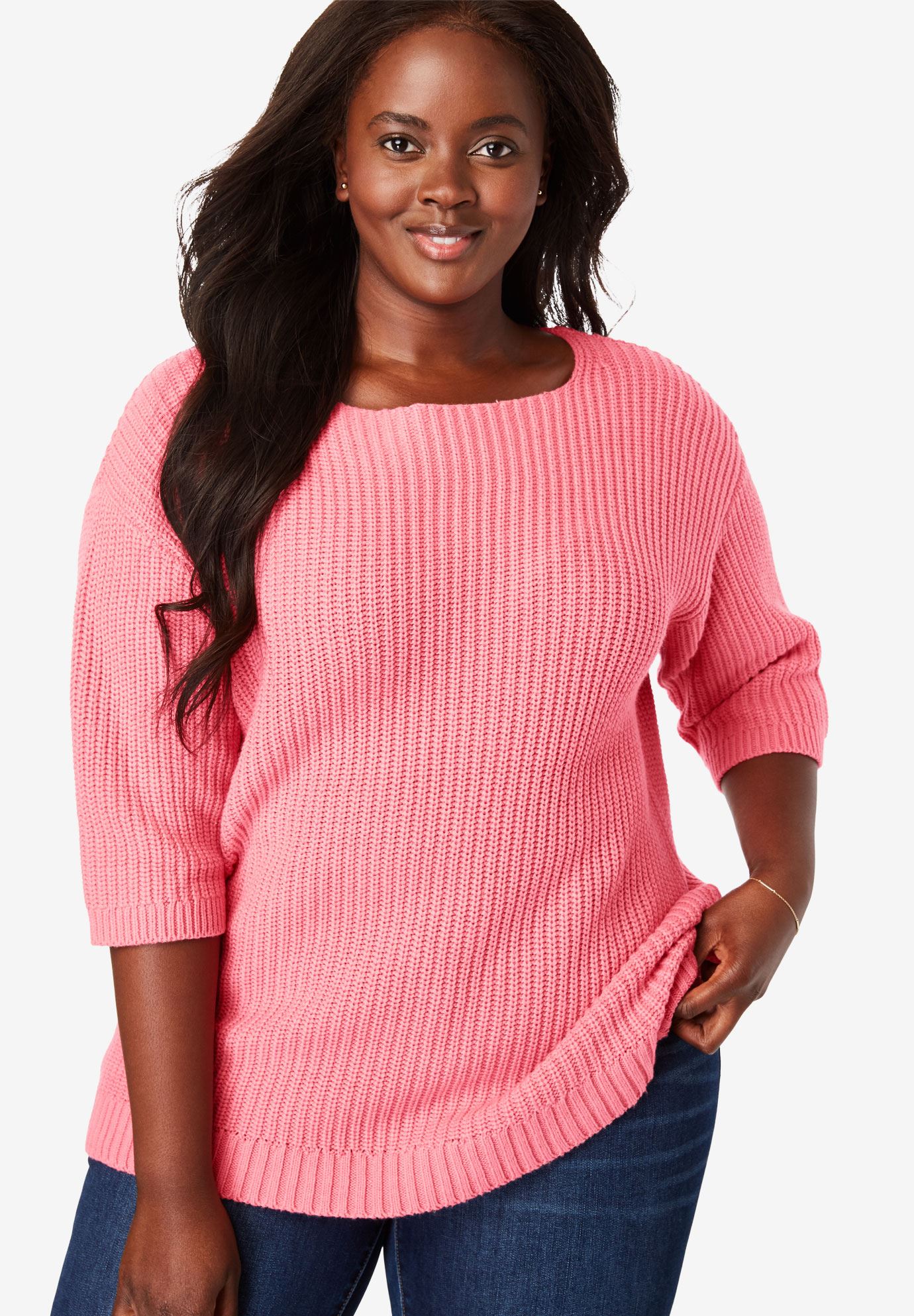 ThreeQuarter Sleeve Pullover Shaker Sweater Plus Size Sweaters