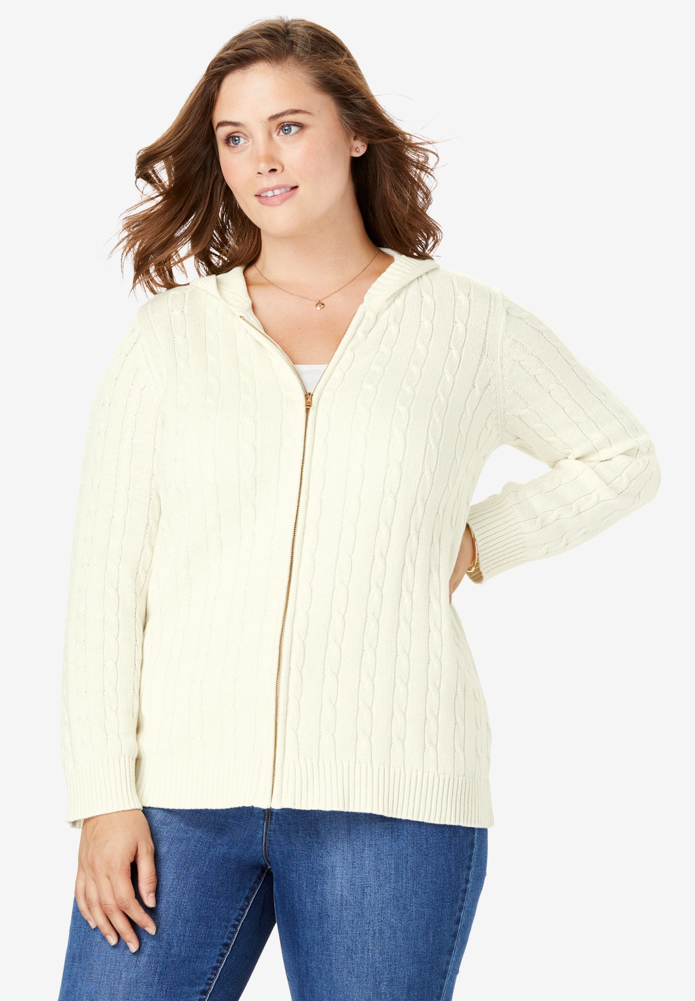 Hooded Cable Knit ZipFront Cardigan Plus Size Tops Woman Within