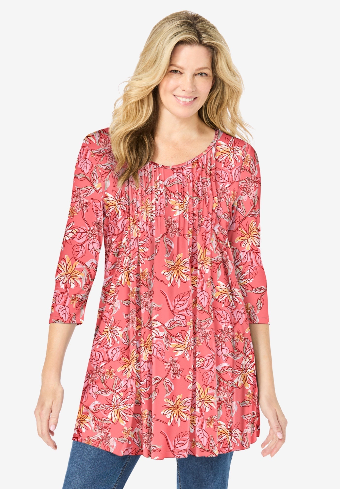 Plus Size V-Neck Pintucked Tunic - Feminine Style, Sweet Coral