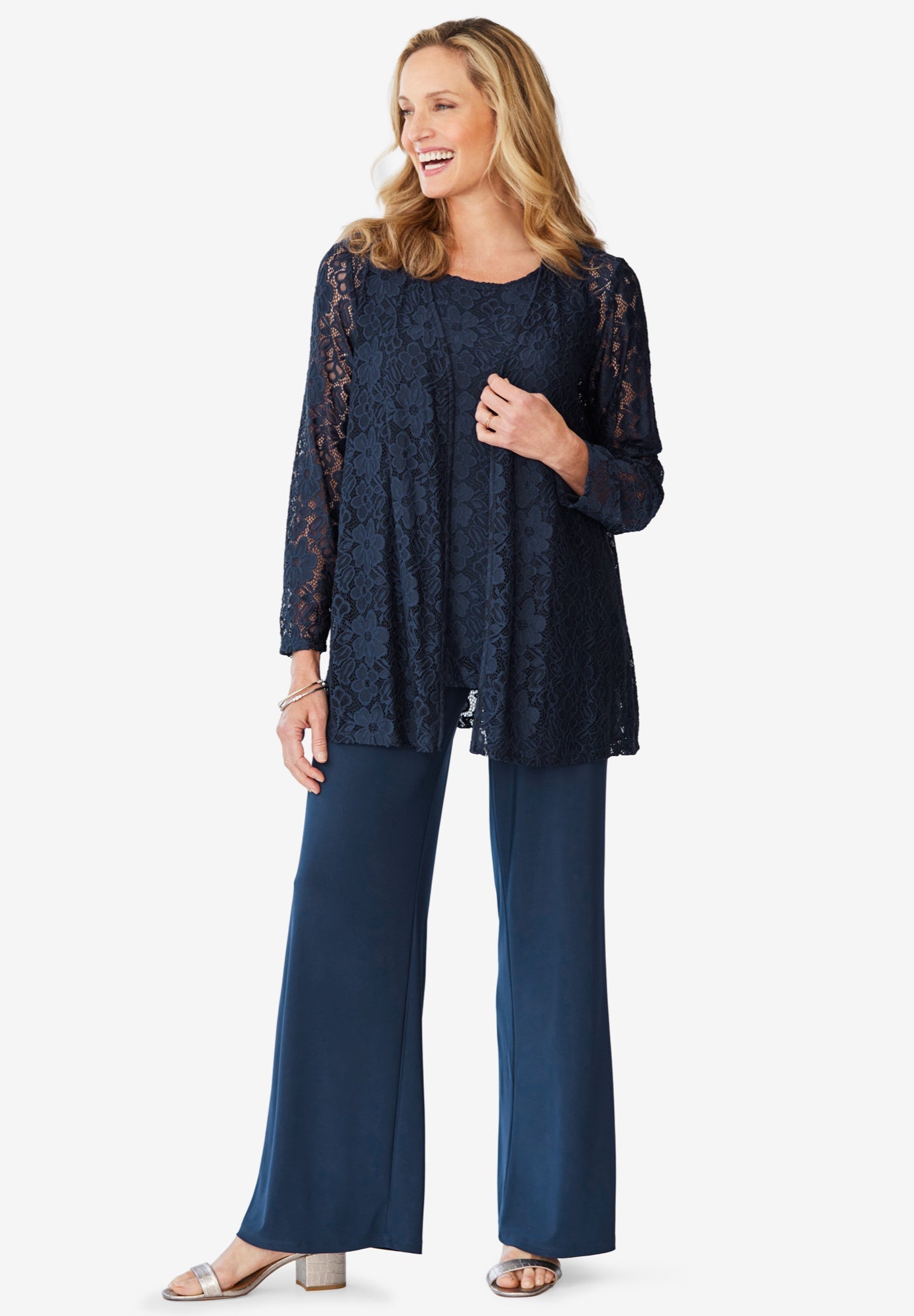 Lace Jacket & Pant Set with Tank - Plus Size, Navy | Woman Within