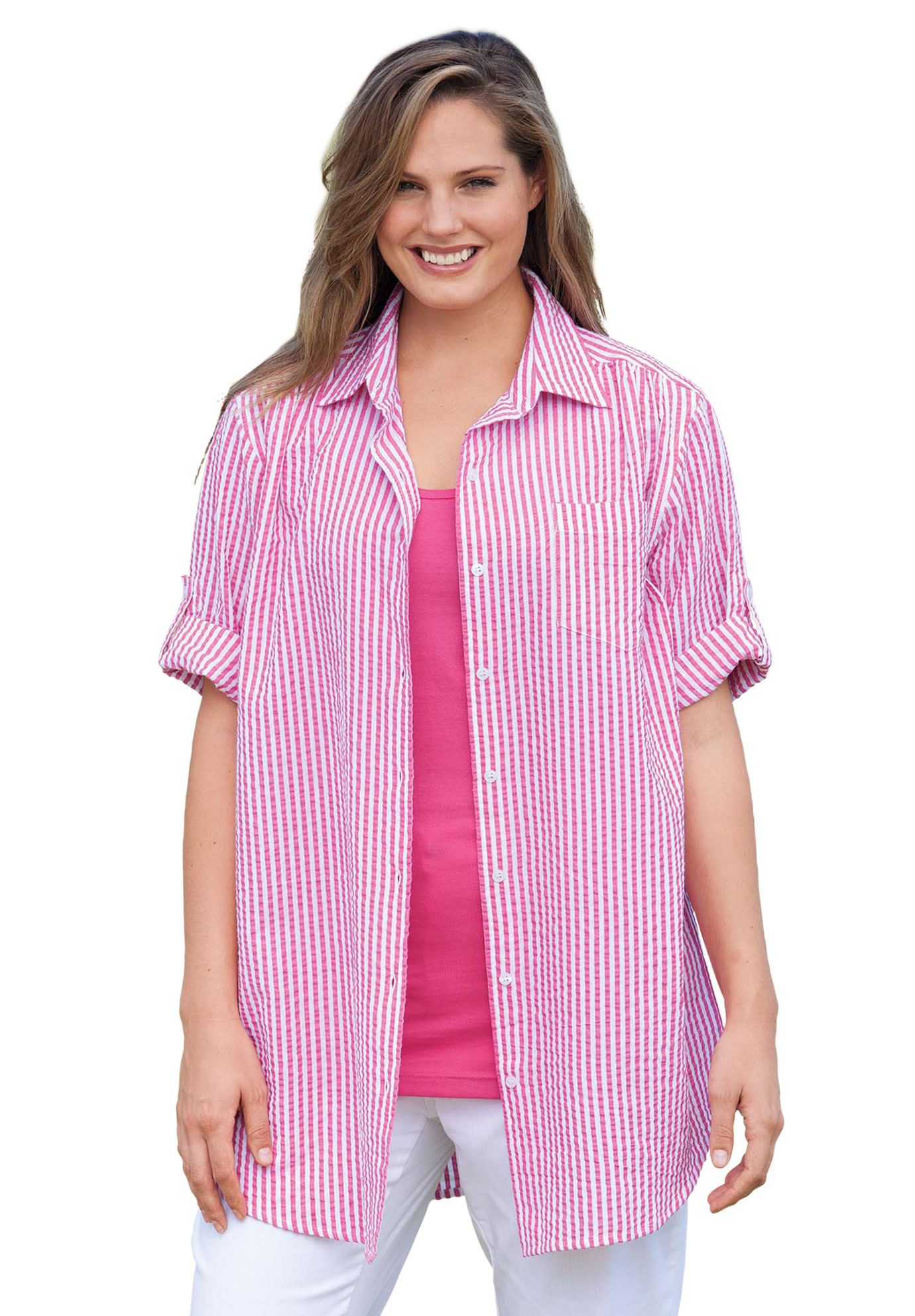 Button-Tab Short Sleeve Button-Down Seersucker Shirt | Plus Size Tops | Woman Within