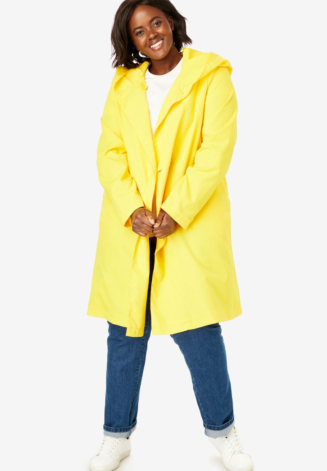 Packable waterresistant hooded raincoat with zip bag Plus Size