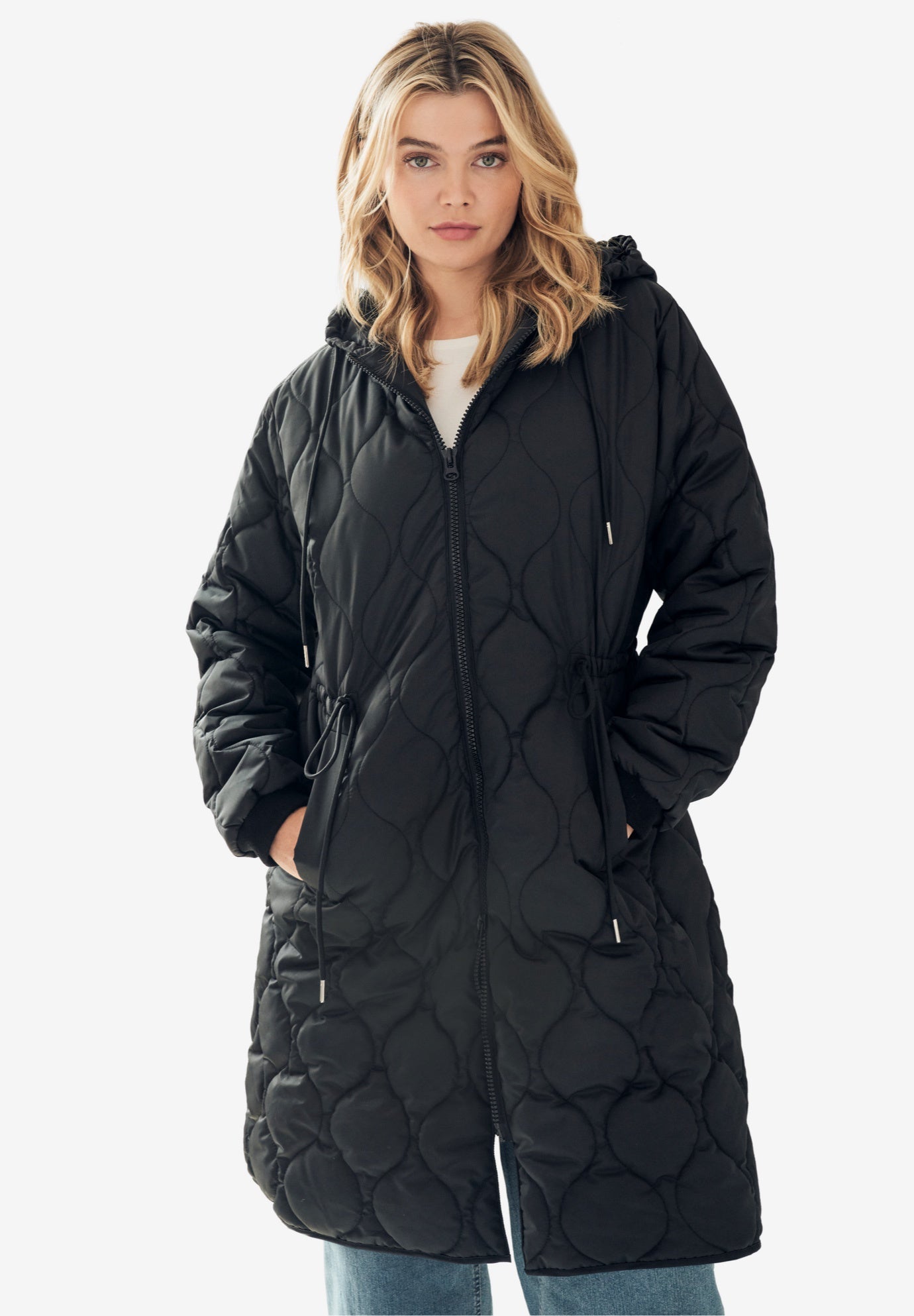 Quilted Drawstring Waist Jacket - Mid-Length, Black | Woman Within