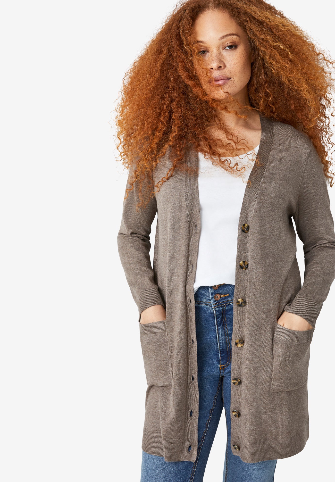 Long Boyfriend Cardigan With Tortoise Buttons Woman Within