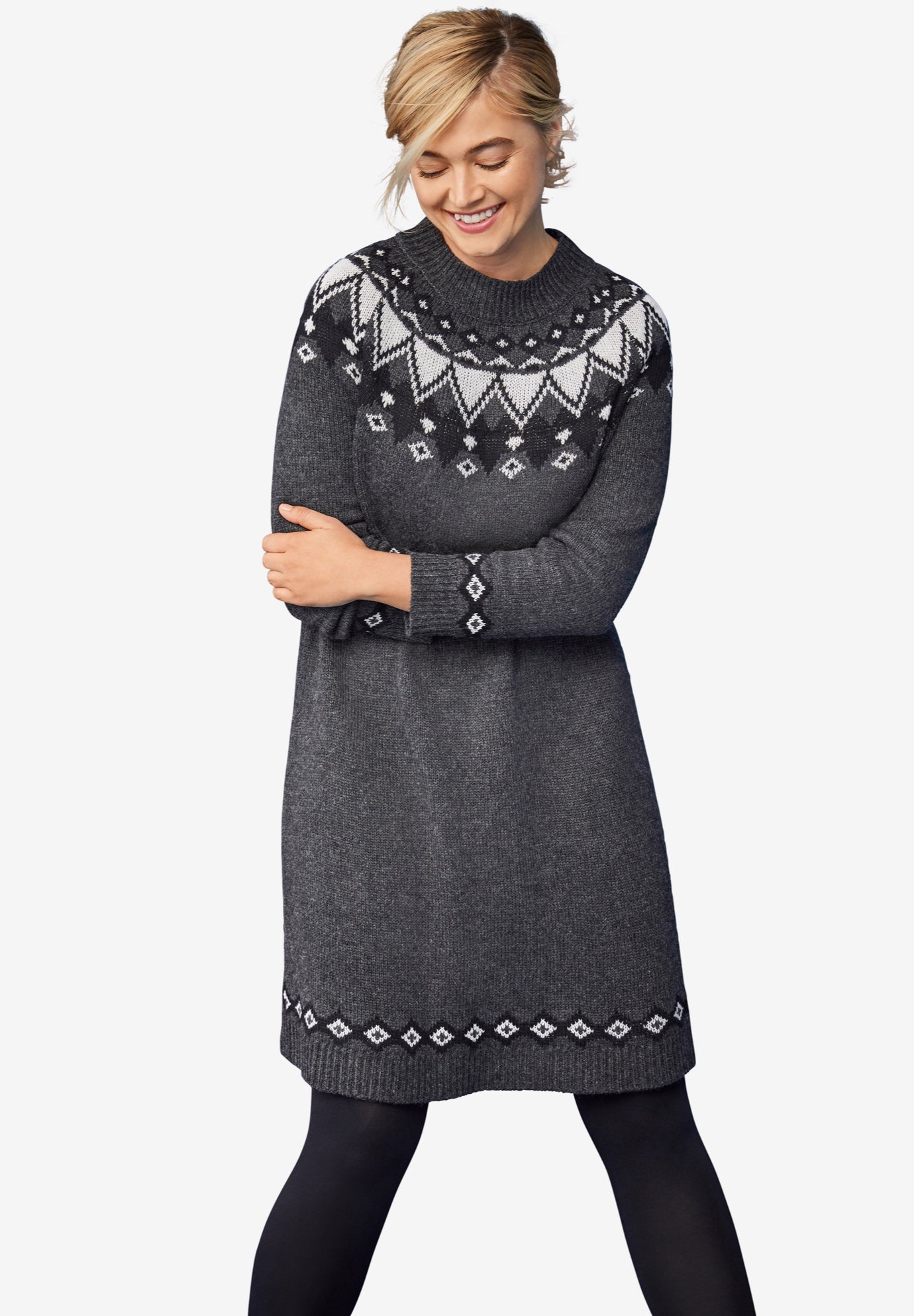 fair isle sweater dress ladies - Cozy Knit Style, Heather Charcoal Spring Flowers 03