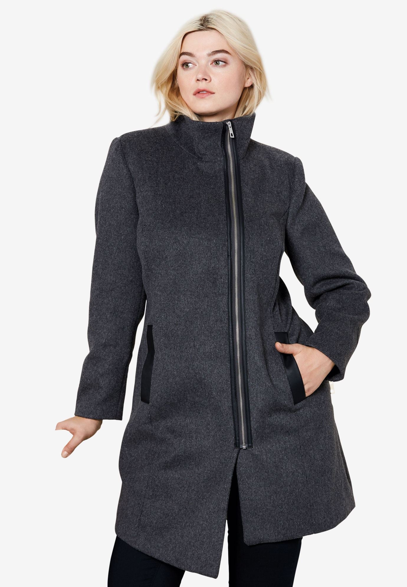 Asymmetrical Zip Wool Blend Coat by ellos® Plus Size Wool Coats Woman Within
