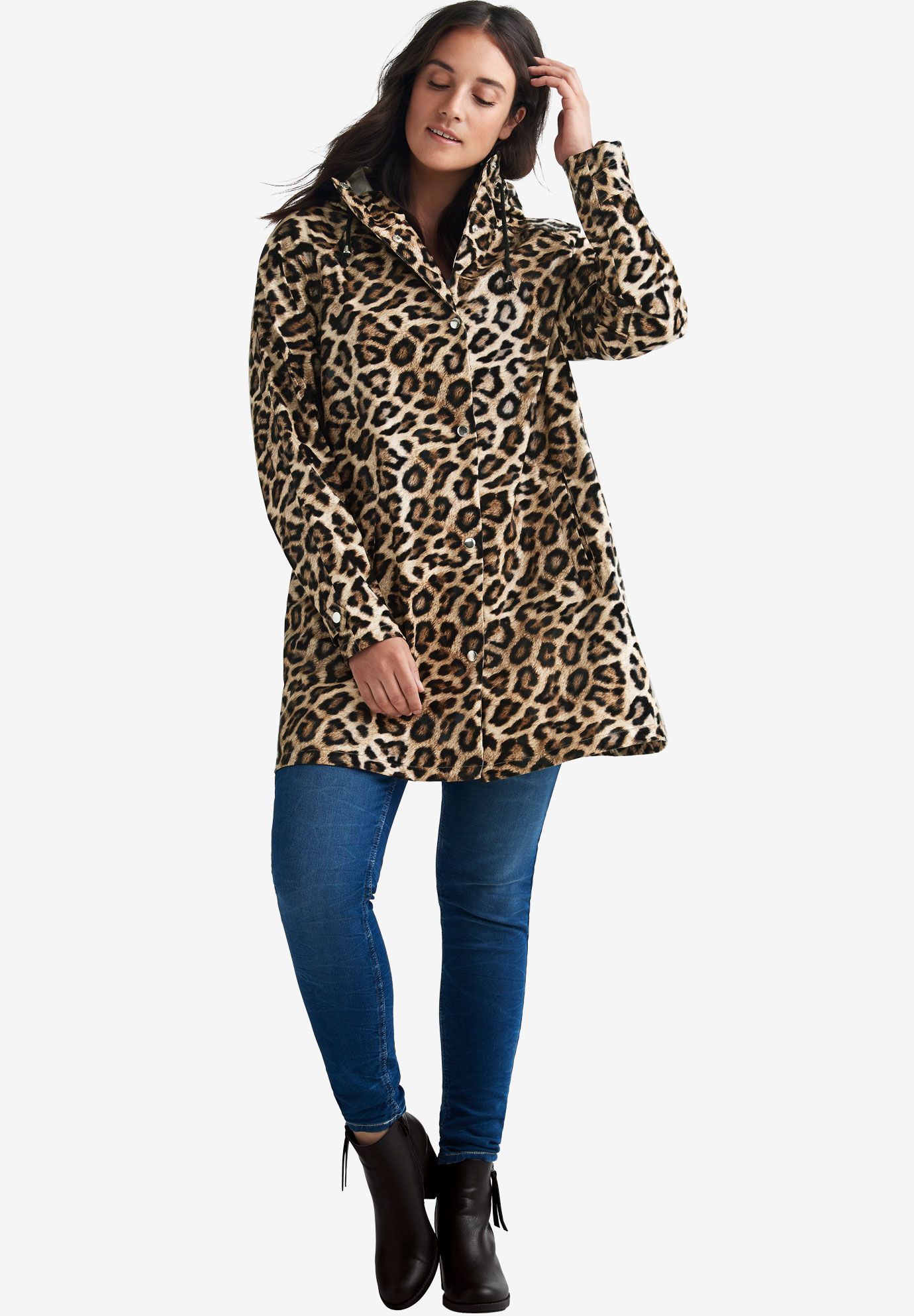 New Ladies Leopard Print Fishtail Mac Hooded Long Sleeve Raincoat Jacket 18-24 
